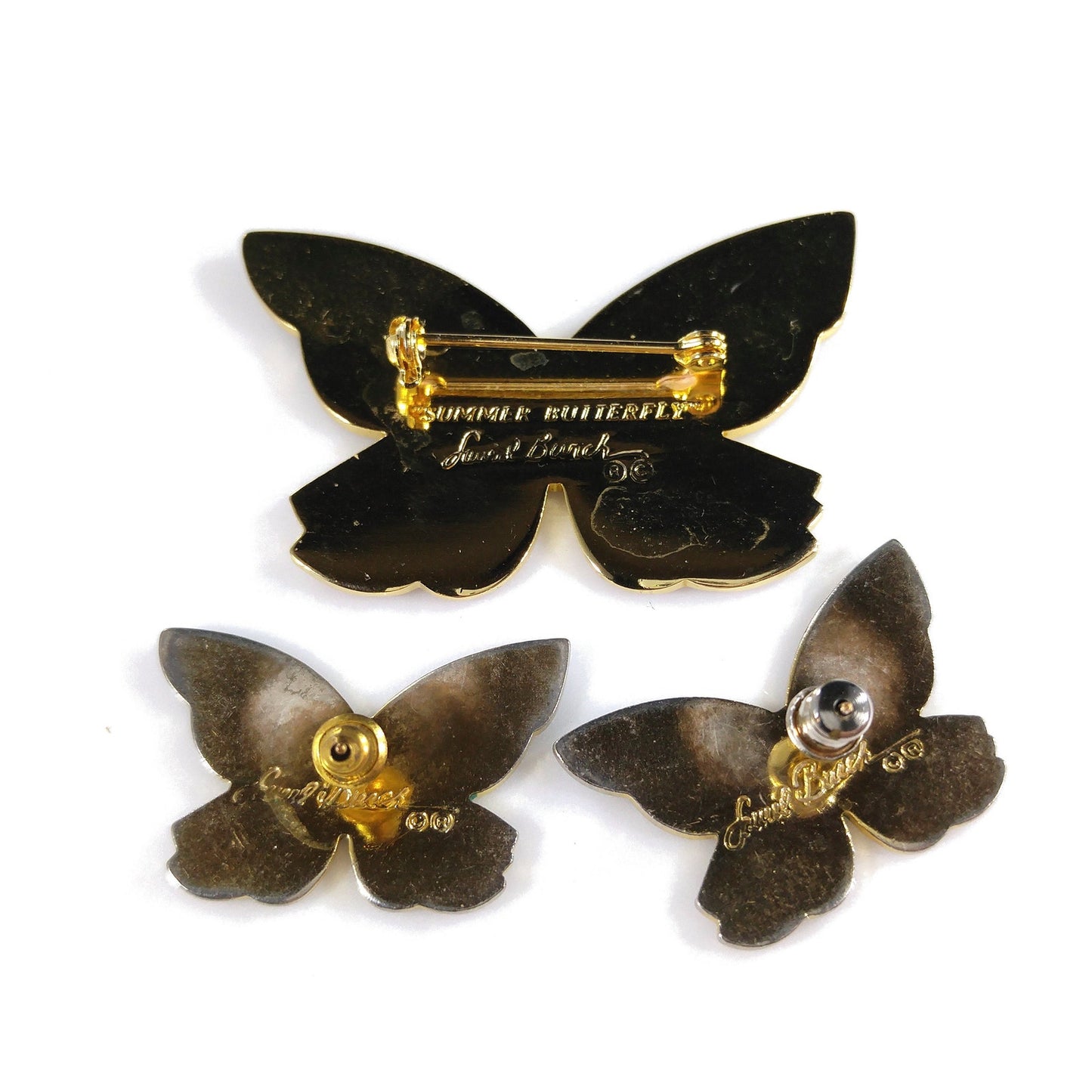 Laurel Burch "Summer Butterfly" Brooch & Earrings, Gold Plated Cloisonne' Enamel, 1980s Vintage Jewelry