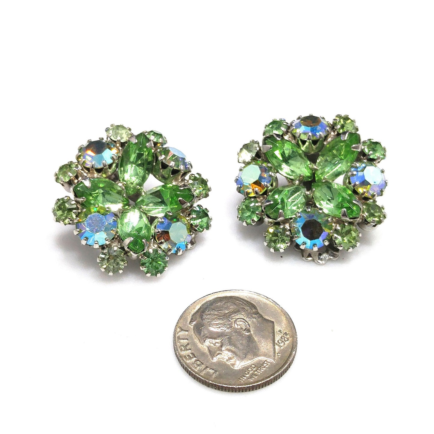 Weiss Peridot Green Rhinestone Clip Earrings, Rhodium Plated, 1960s Vintage Jewelry
