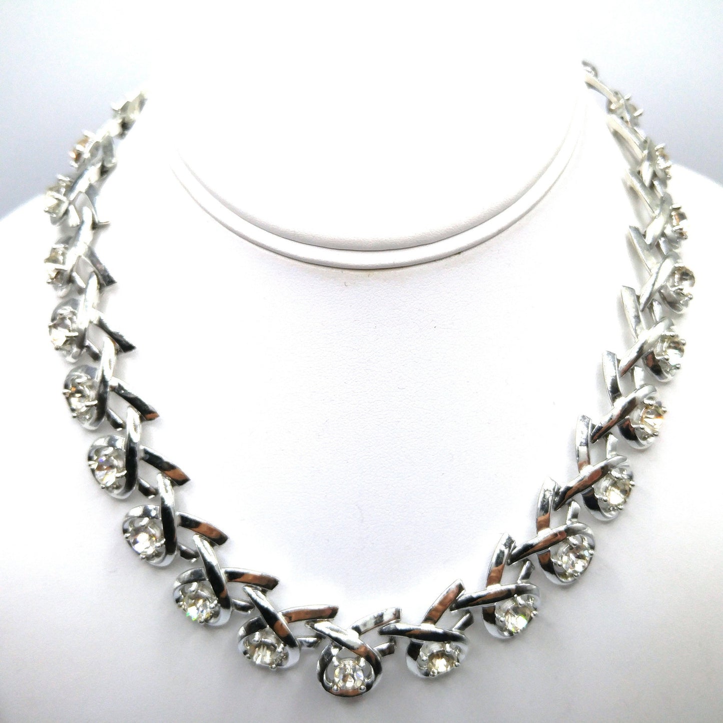 Clear Rhinestone Choker Necklace, Rhodium Plated, 1960s Vintage Jewelry