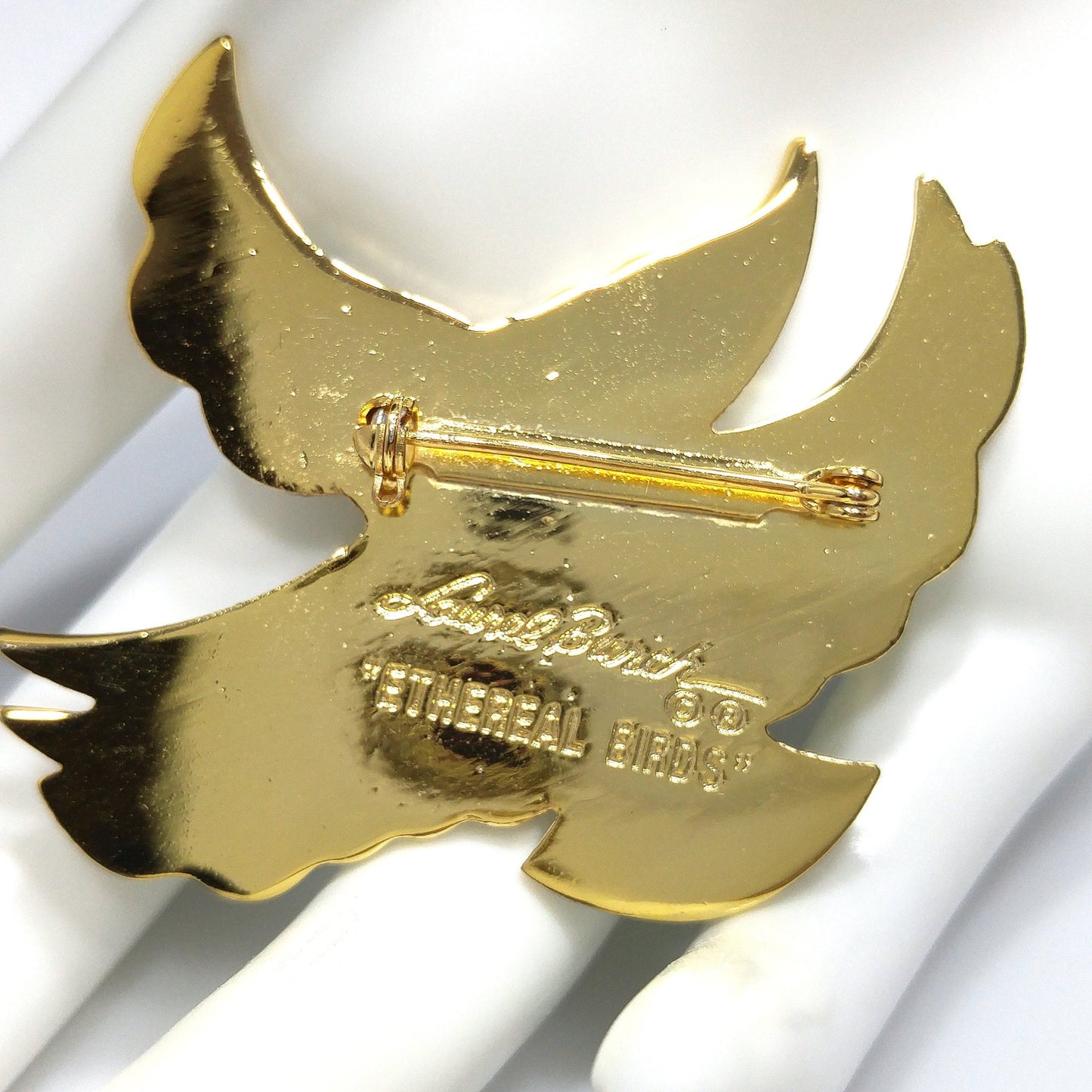 Laurel Burch "Ethereal Birds" Brooch, Cloisonné and Enamel, Gold Plated, 1980s Vintage Jewelry