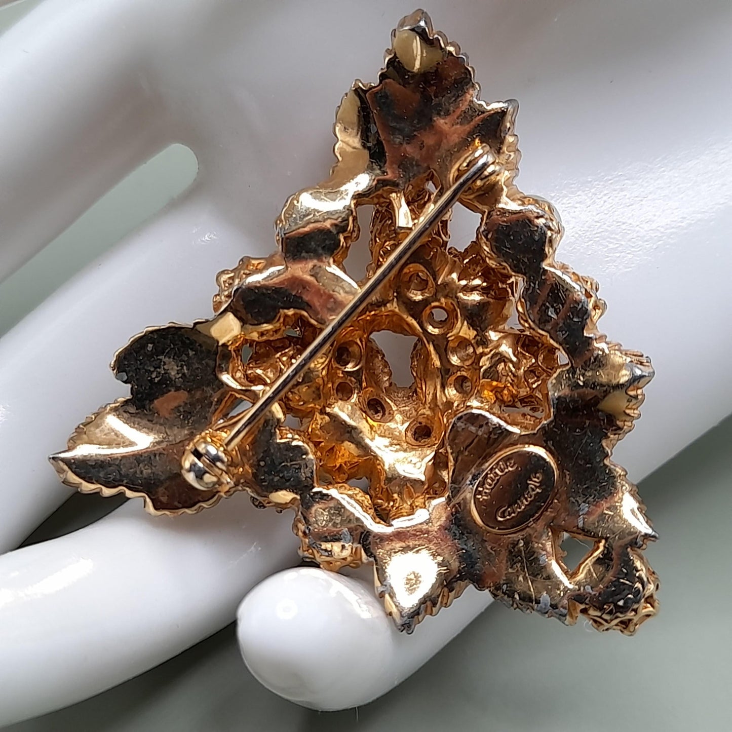Vintage Hattie Carnegie Brooch, Faux Pearls, Pave Larger Rhinestones, Gold Plated, 1950s