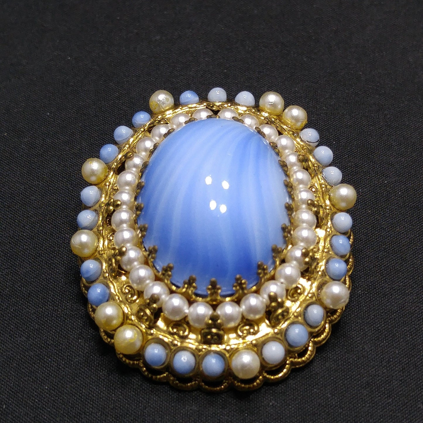 West Germany Blue Glass Filigree Brooch, Faux Pearls, 1950s Vintage Jewelry