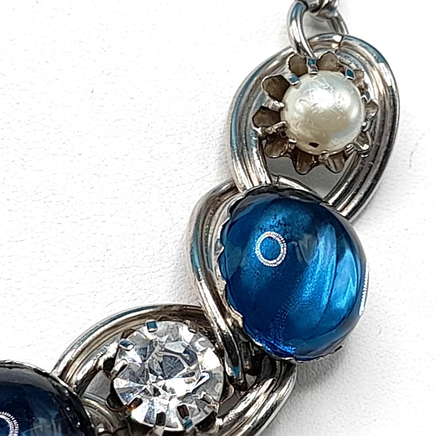 Vintage Blue Cabochon Choker Necklace, Faux Pearls, Clear Rhinestones, 1950s Vintage Jewelry