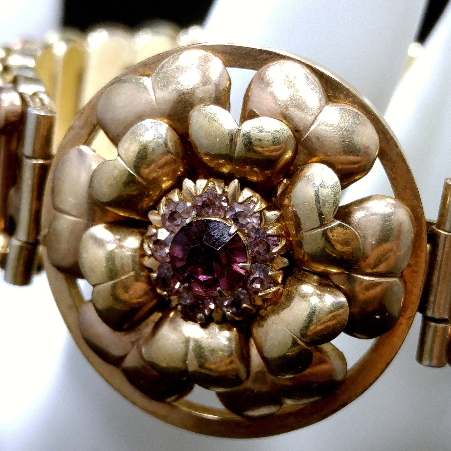 Antique Lustern Expansion Sweetheart Bracelet, 12KGF Sterling, Purple Rhinestones, 1920s Vintage Jewelry