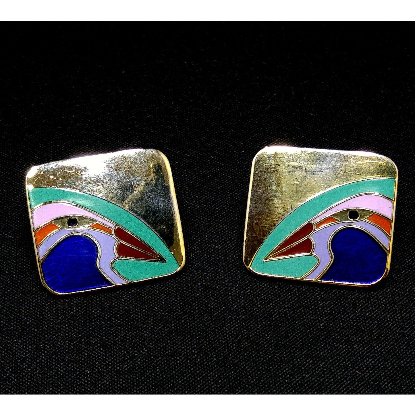 Laurel Burch Bird Post Earrings, Cloisonné Gold Plated, Enamel, 1980s Vintage