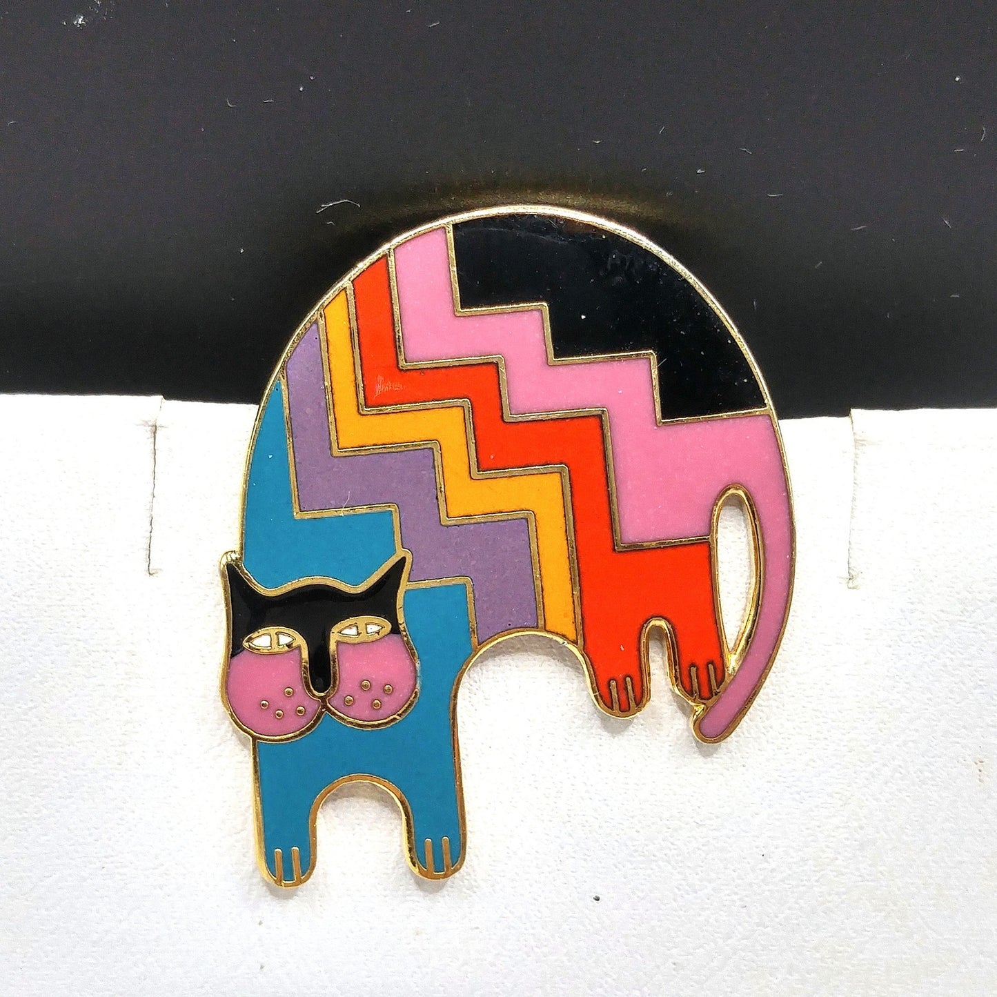 Laurel Burch "Aztec Cat" Brooch, Gold Plated, Rainbow Enamel, 1980s Vintage Jewelry