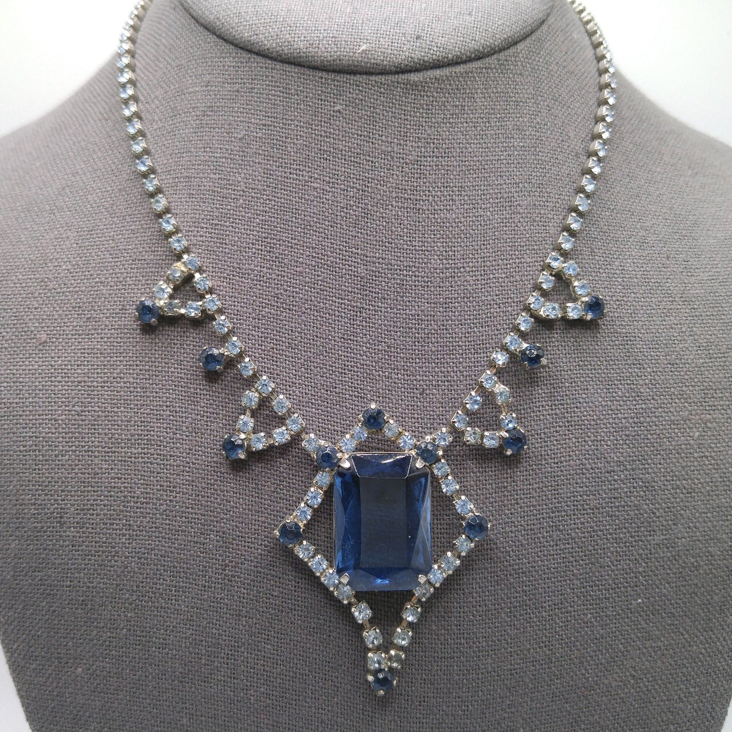 Mid-Century Blue Glass Pendant Necklace, Dark Light Blue Rhinestones, 1950s Vintage Jewelry