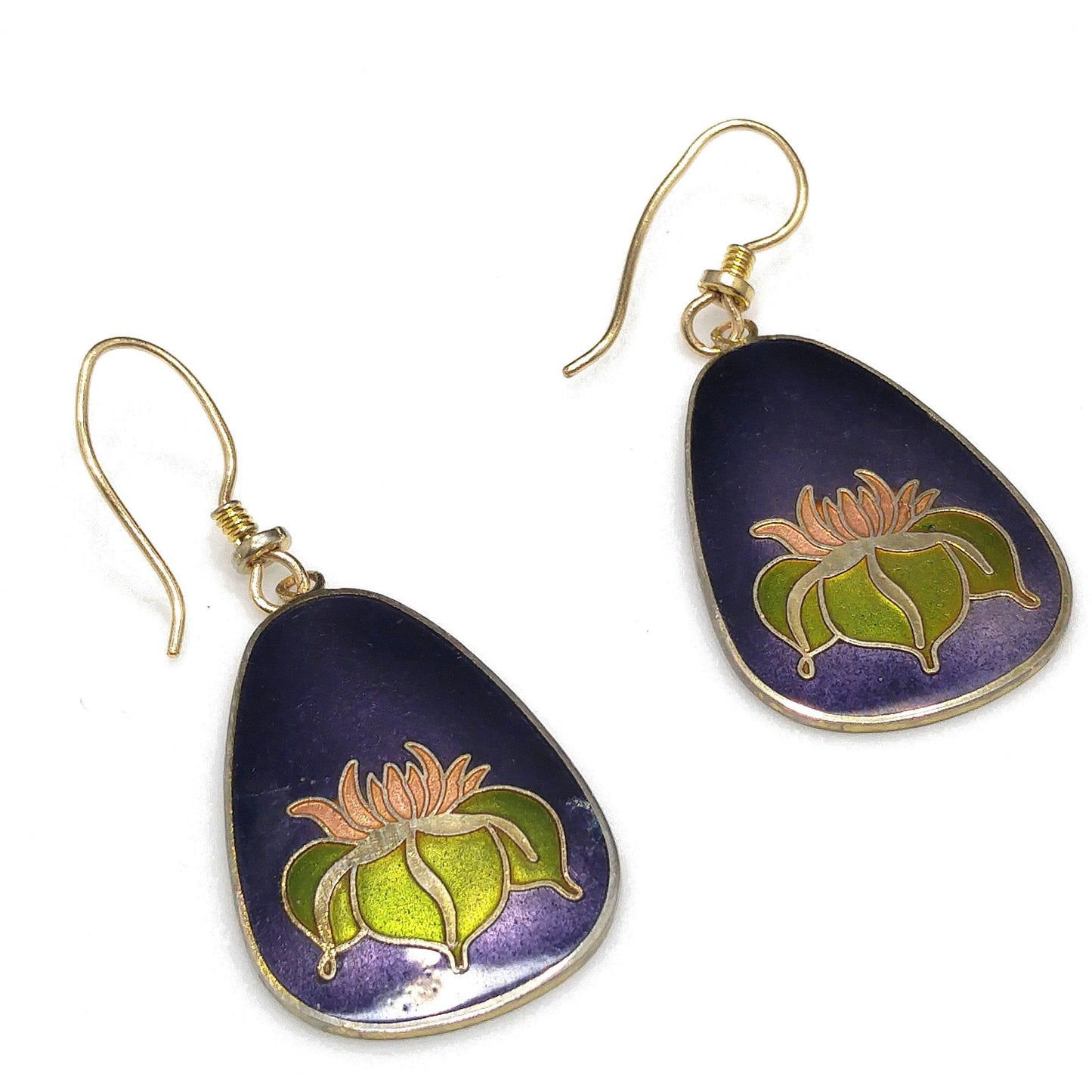 Vintage Laurel Burch Water Lily Earrings, Dark Blue Pink Green Enamel