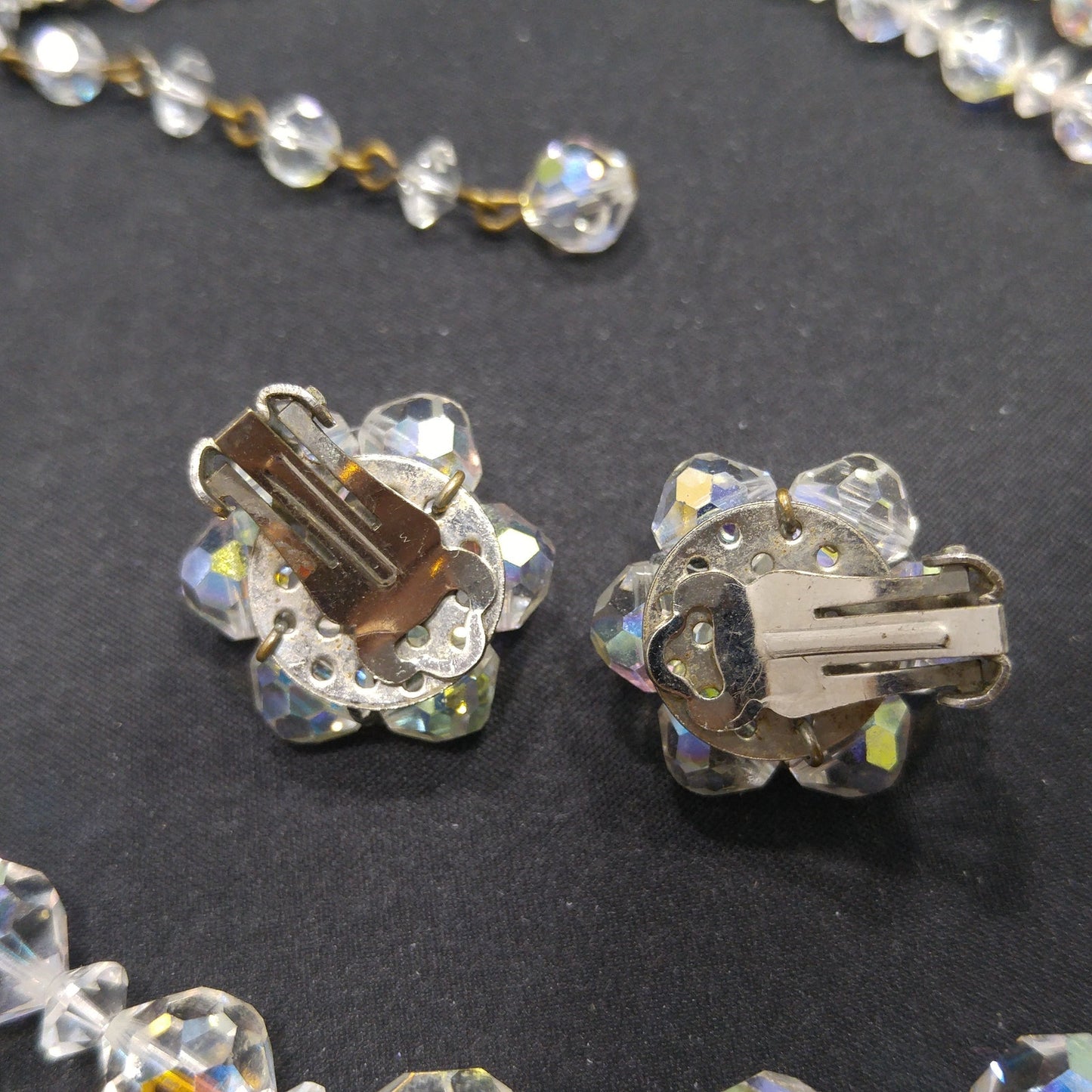 AB Crystal Beaded Necklace Earrings Set, Clear Aurora Borealis Beads, 1950s Vintage Jewelry