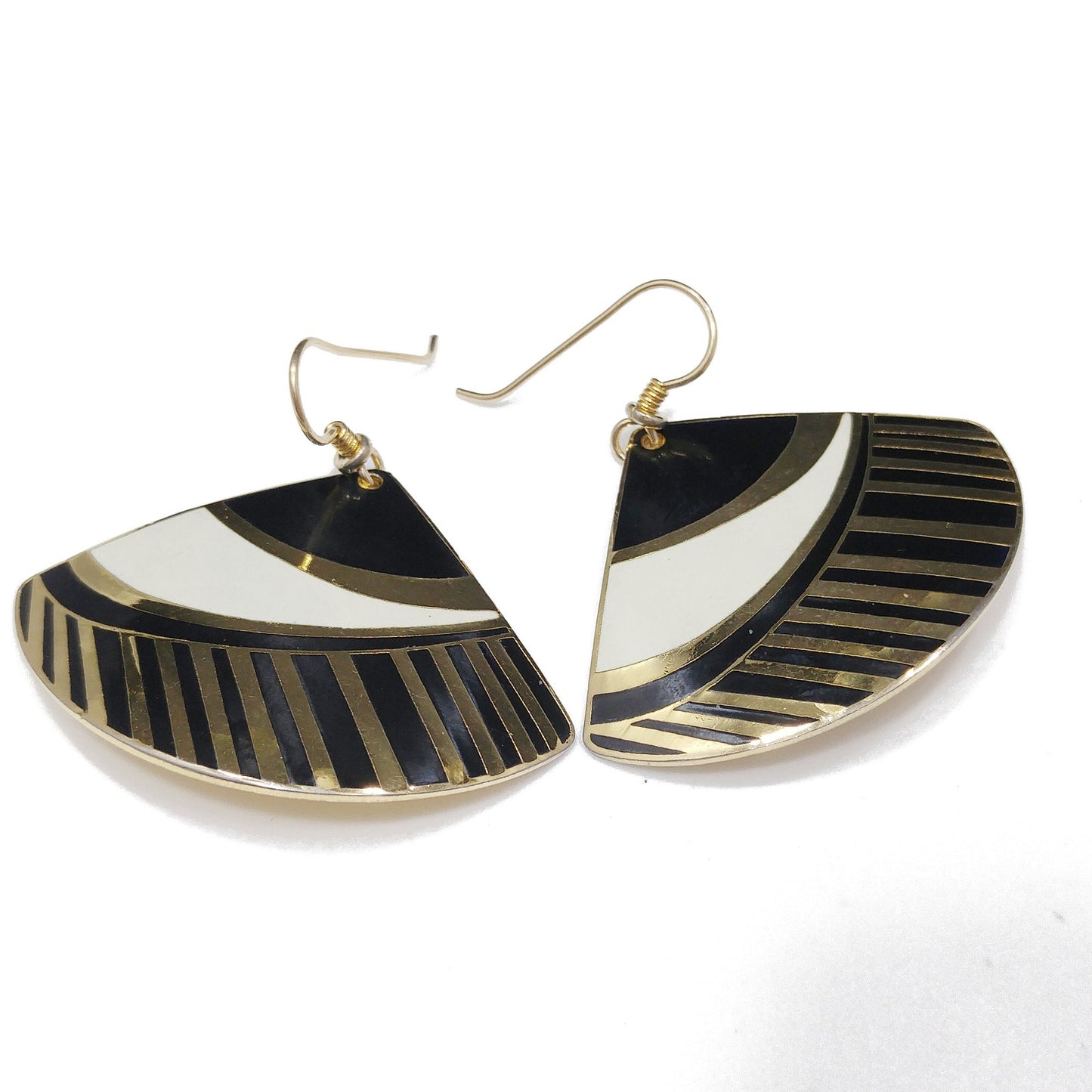 Laurel Burch Geometric Fan Earrings, Black White & Gold, 1980s Vintage Jewelry