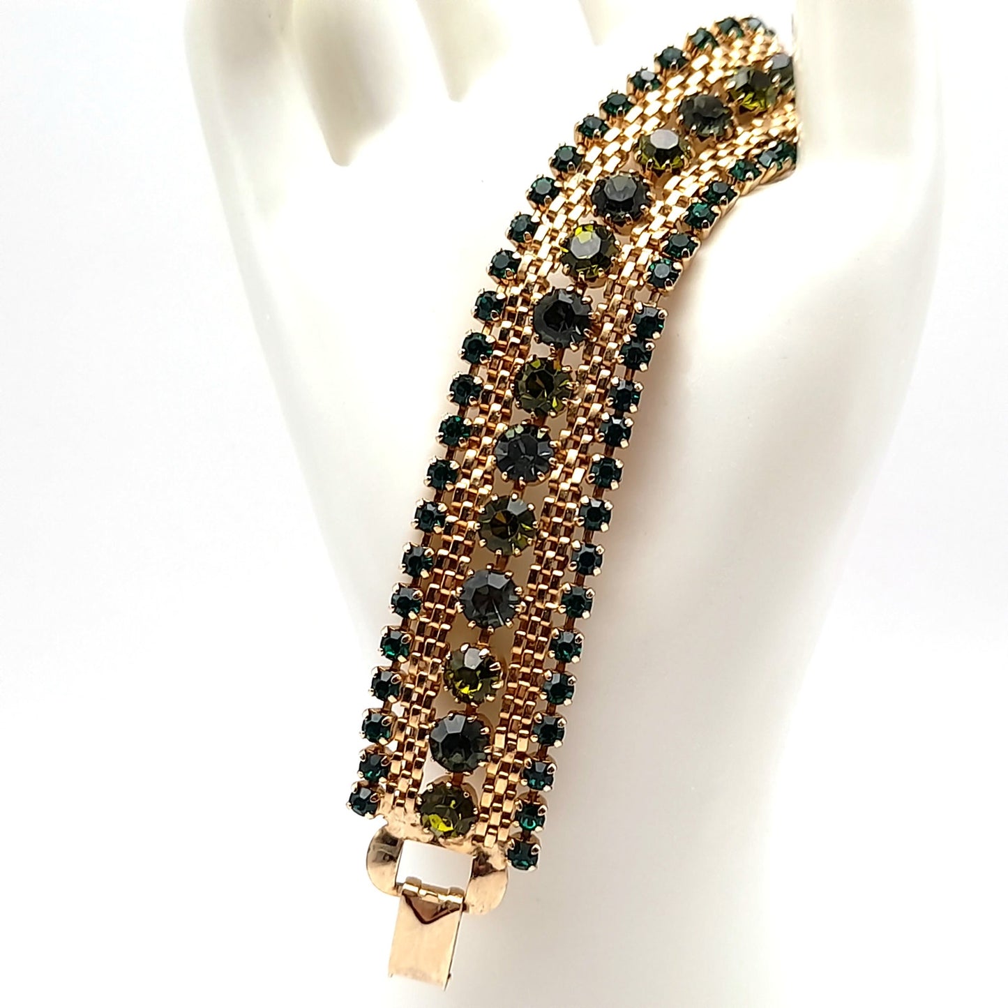 Vintage Weiss Green Rhinestone Mesh Bracelet - Elegant Glamour