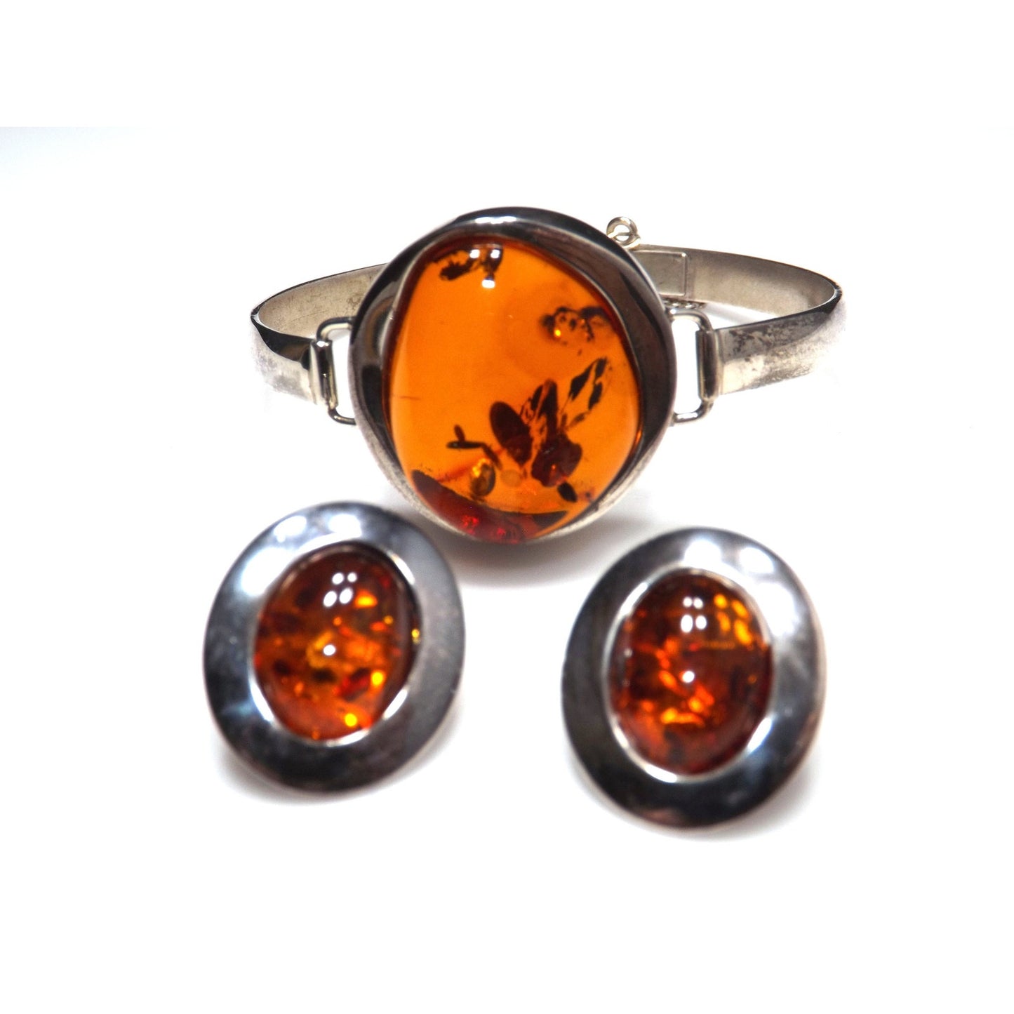 Sterling Silver Baltic Amber Cuff Bracelet Earrings Set, Poland 925 AT1, 1990s Vintage Jewelry