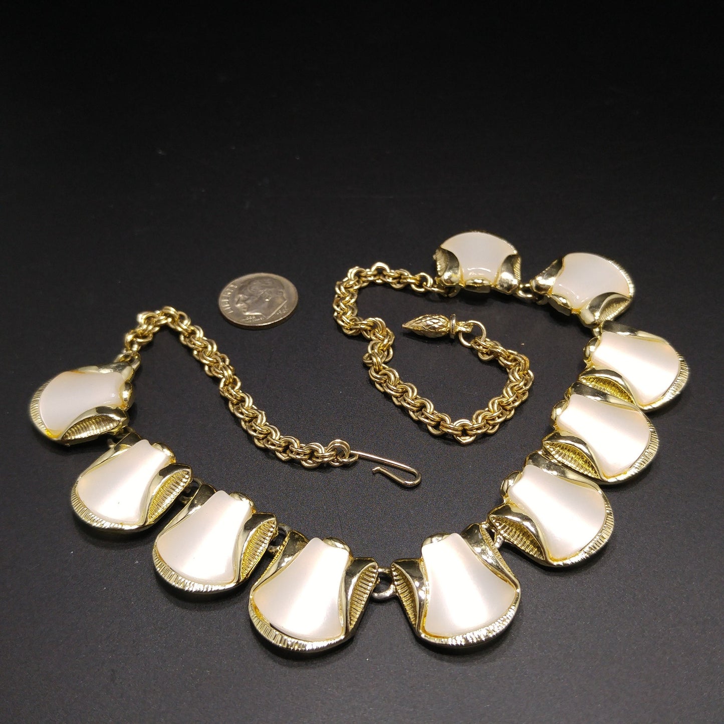 Mid-Century White Moonglow Choker Necklace, Gold Tone, 1950s Vintage Jewelry