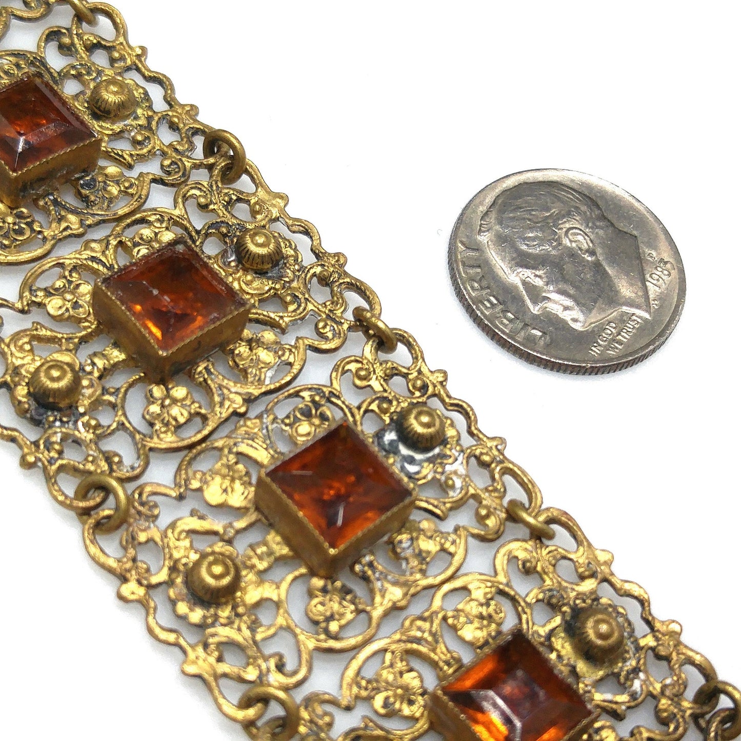 Vintage Filigree Topaz Glass Link Wide Bracelet, Built in Hook On Back, Antique 1920s Vintage Jewelry