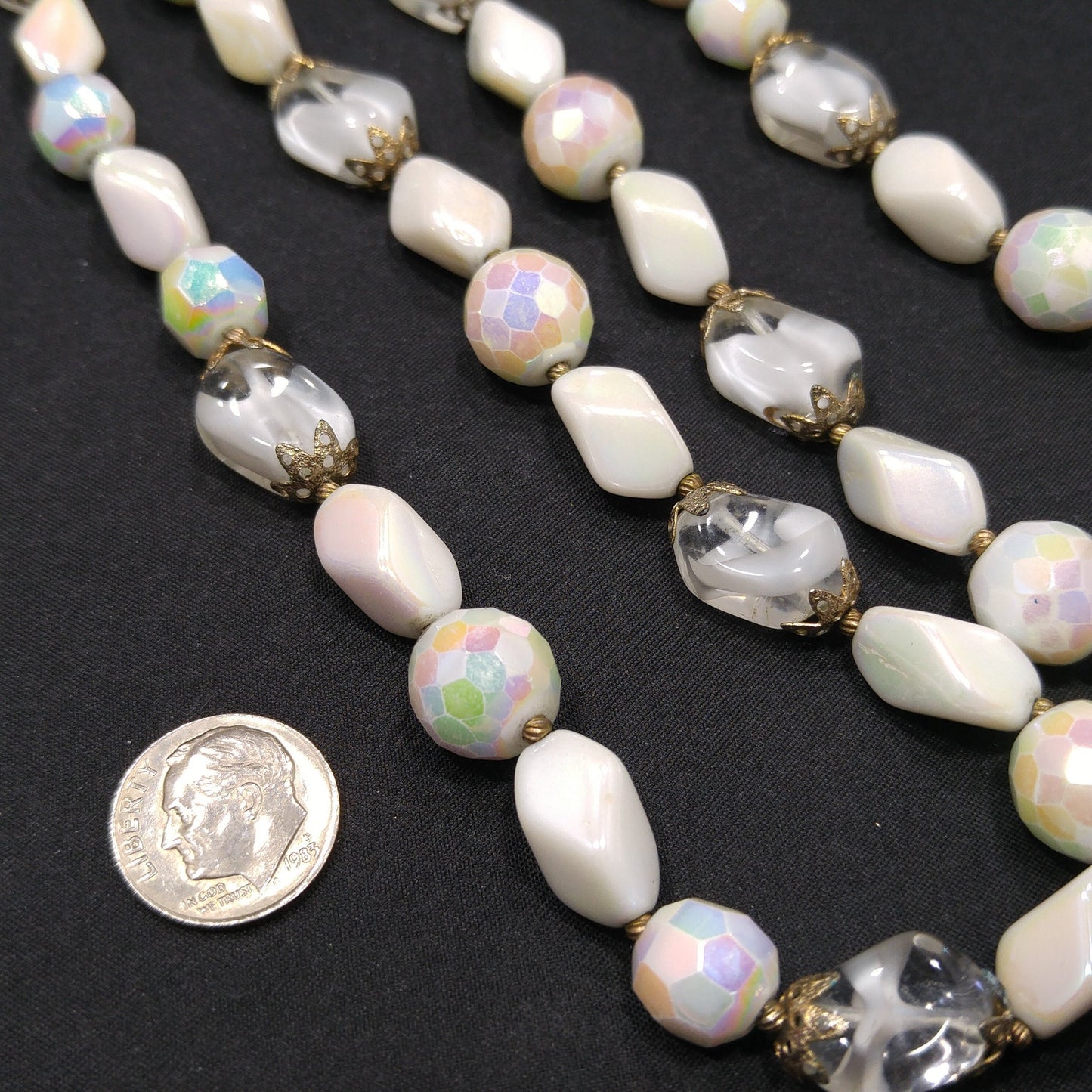 Vintage Czech White Glass Beaded Necklace, Art Glass Beads, 12K GF Clasp, 1950s Vintage Jewelry