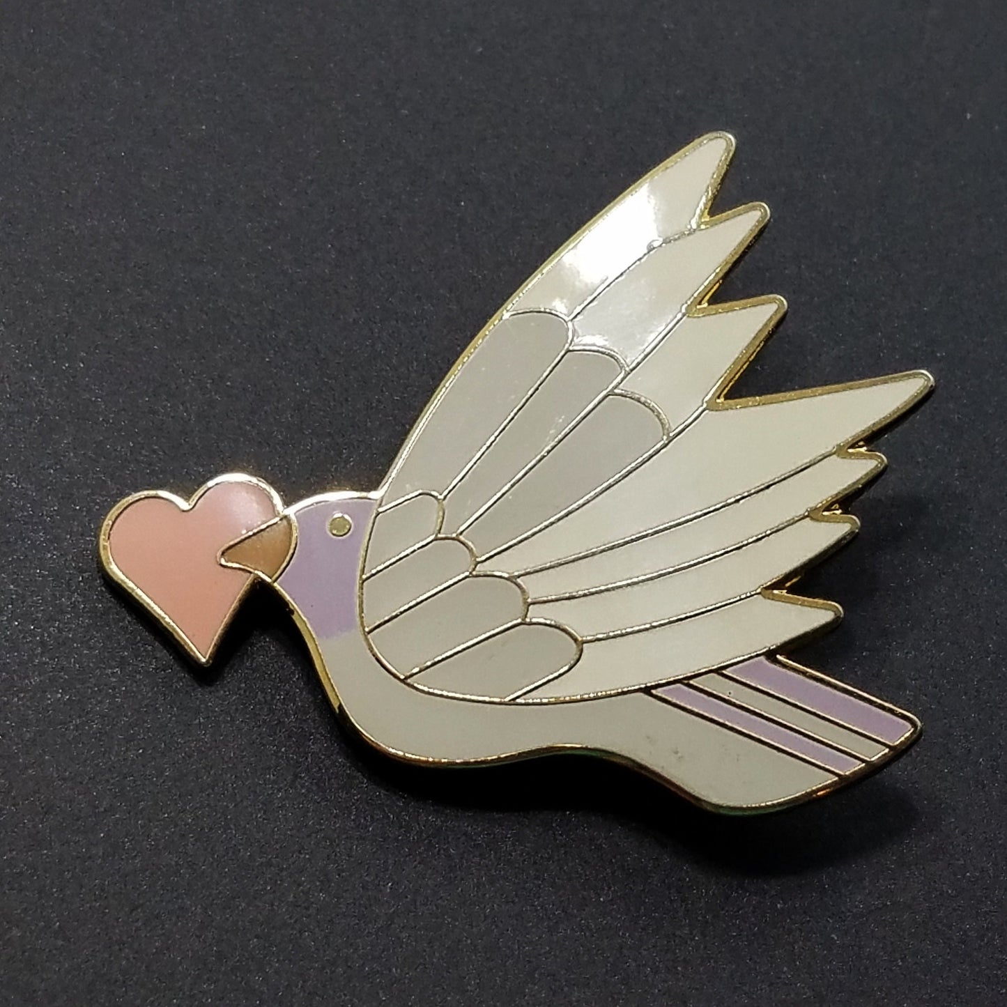 Vintage Laurel Burch "Celeste With Heart" Pendant Brooch, Grey White Enamel Bird