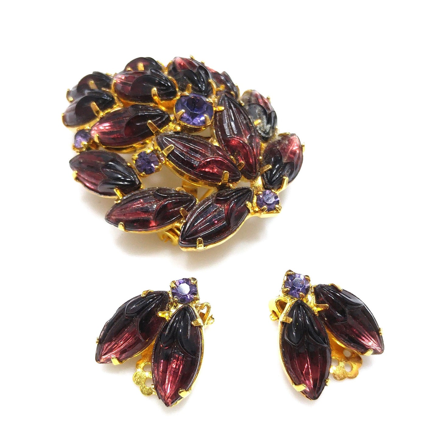 Purple Rhinestone Molded Art Glass Brooch & Earrings, Purple Rhinestones, Gold Plated, 1960s Vintage Jewelry