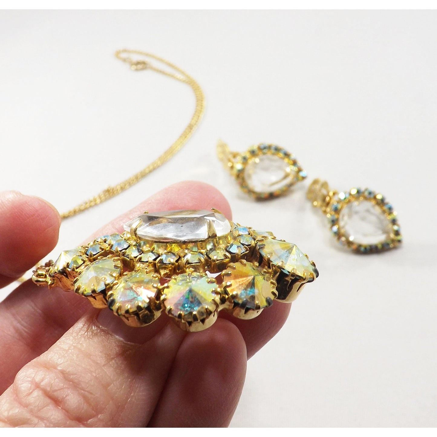 Vintage AB Pendant Necklace & Earrings, Rivoli Rhinestones, Gold Plated