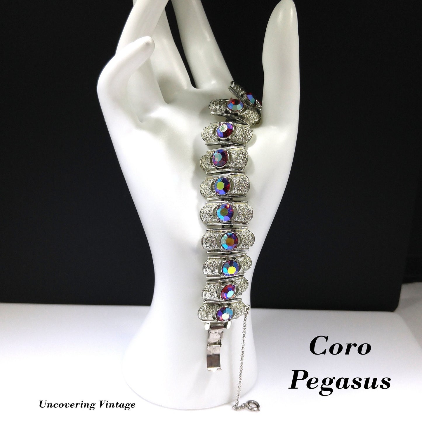 Coro Pegasus Red Aurora Borealis Rhinestone Bracelet, Rhodium Plated, 1950s Vintage Jewelry