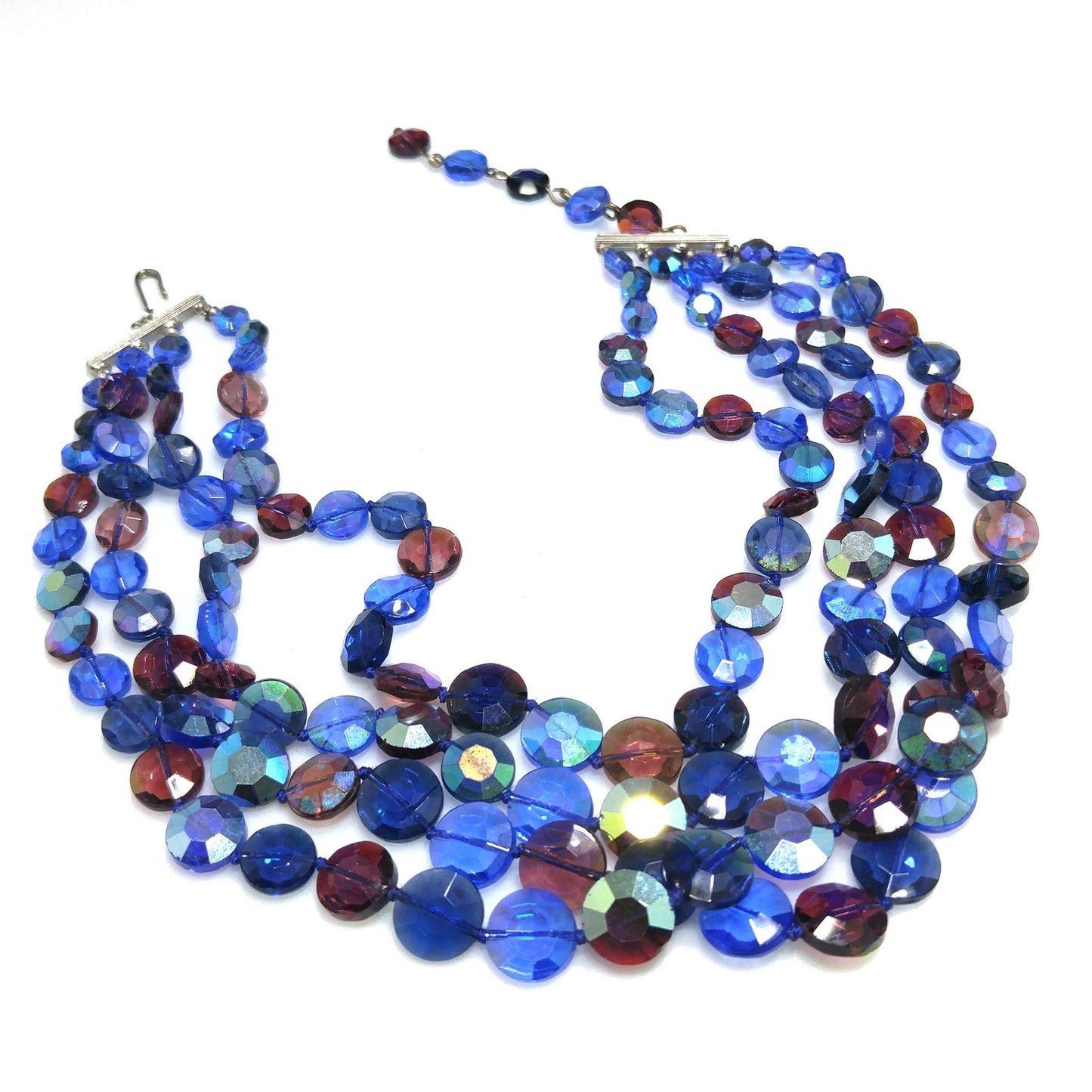 Blue Purple Aurora Borealis Necklace, Hand Knotted Four Strands, 1950s Vintage Jewelry