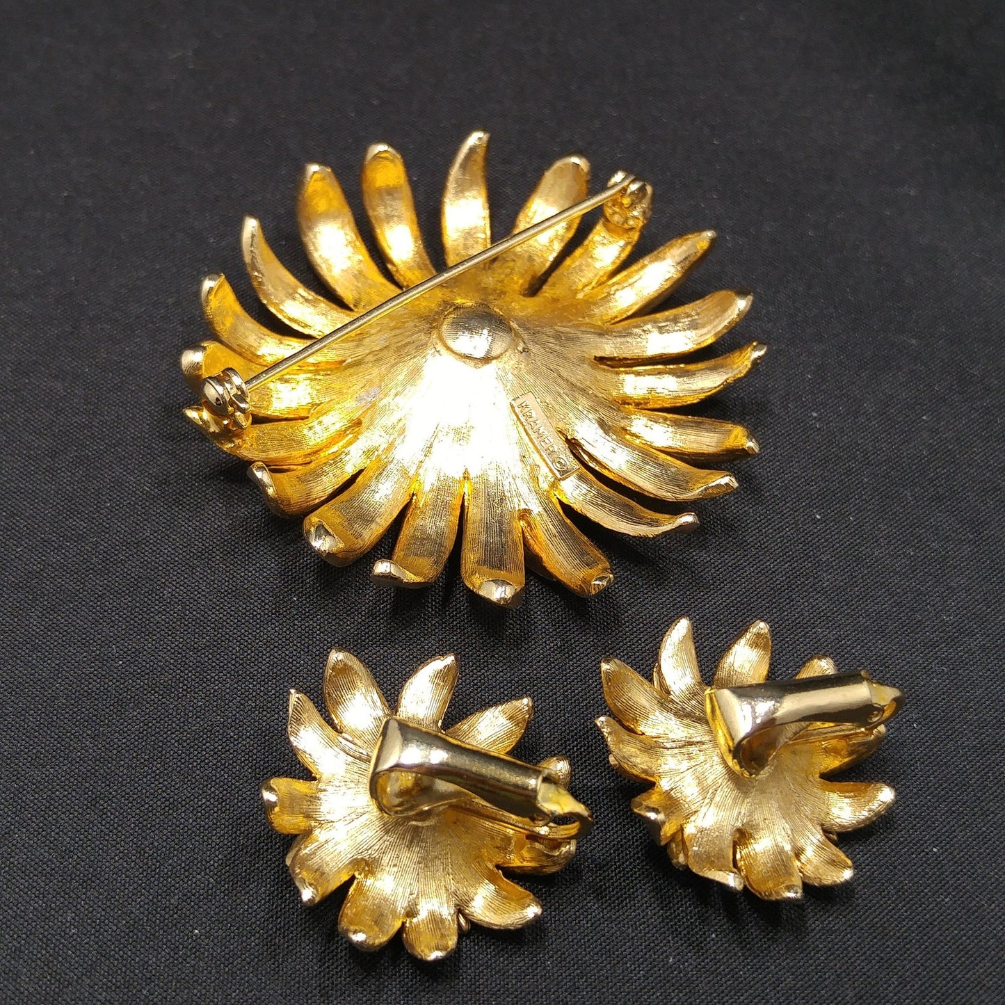 Kramer Floral Rhinestone Brooch & Earrings, Gold Plated, Faux Pearls, 1960s Vintage Jewelry