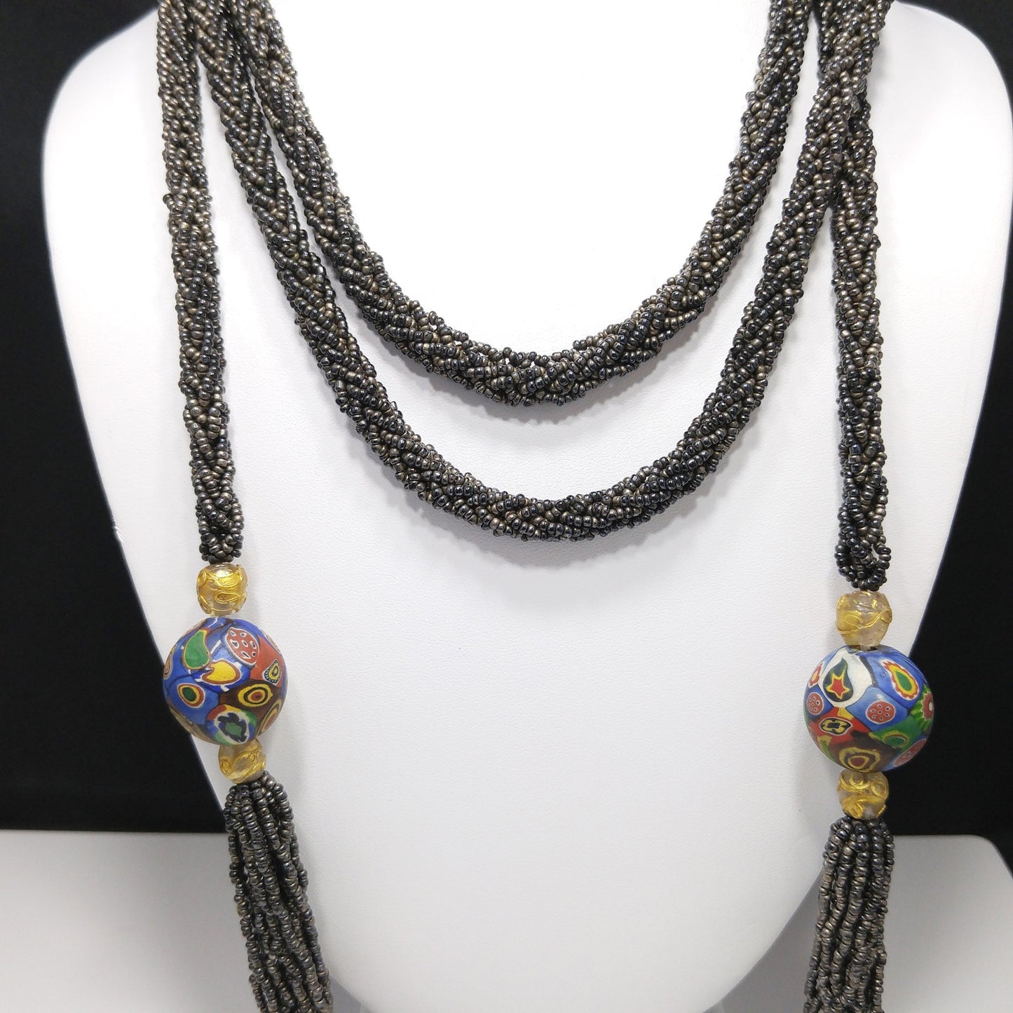 Vintage Art Deco Murano Millefiori Seed Bead Lariat Flapper Necklace, 1920s