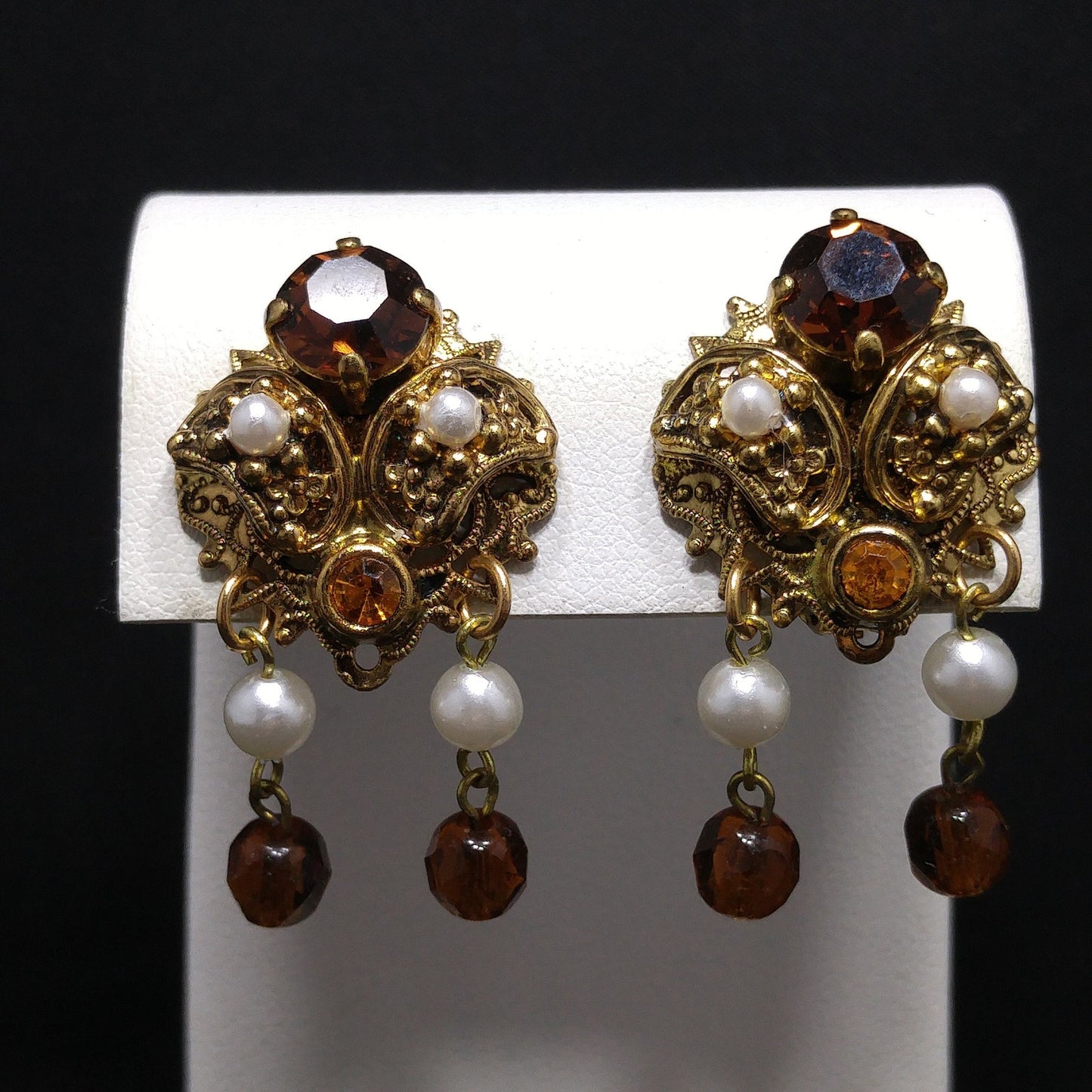 Western Germany Topaz Filigree Clip Earrings, Faux Pearls, 1950s Vintage Jewelry