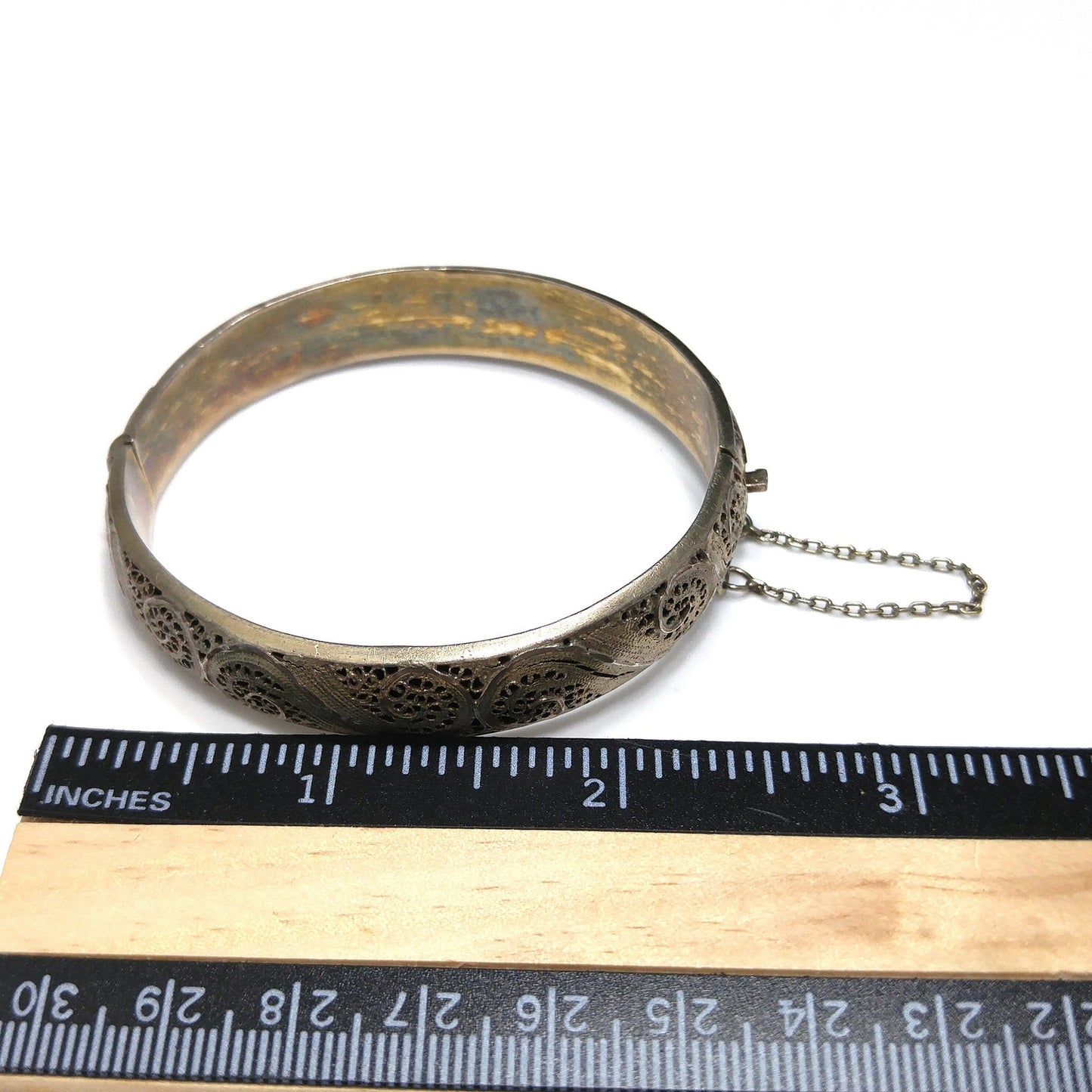 Art Nouveau Silver Filigree Hinged Bracelet, Gold Washed, 1920s Vintage Jewelry