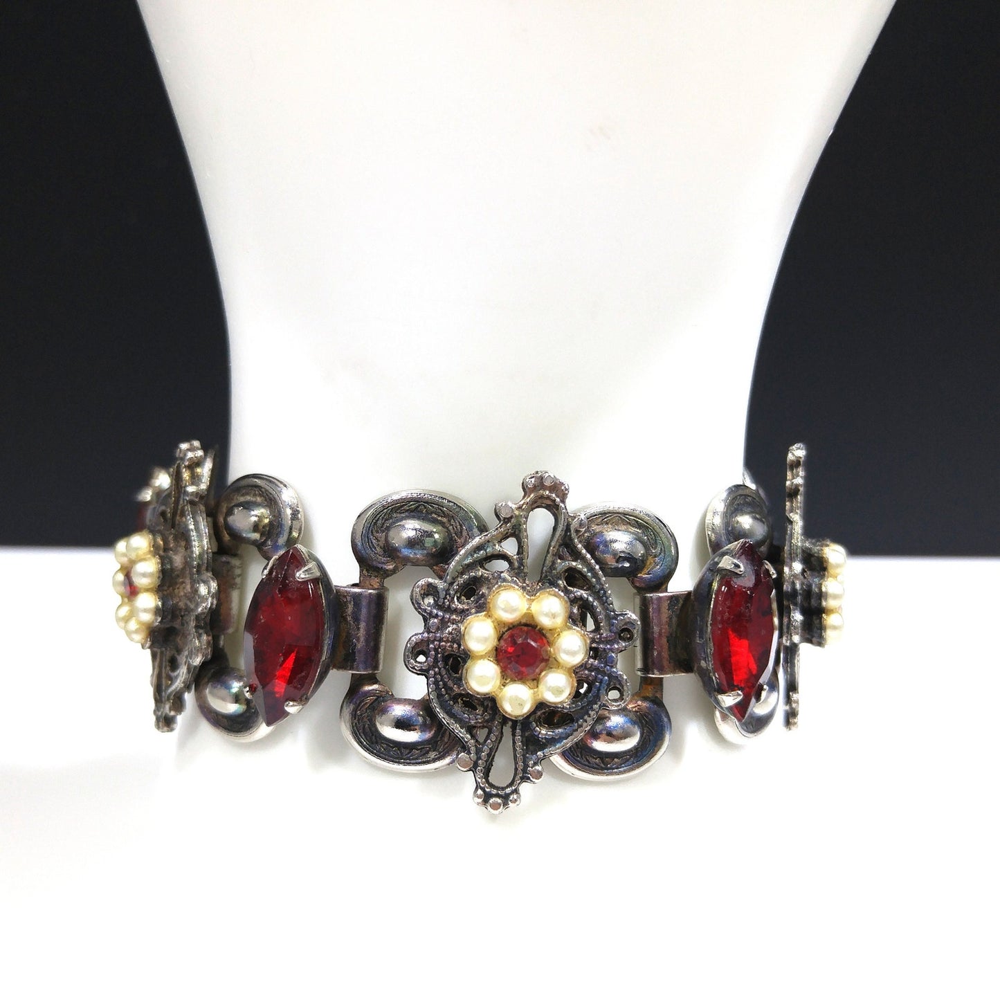 Victorian Red Rhinestone Book Chain Bracelet, Faux Pearl Flowers, 1940s Vintage Jewelry