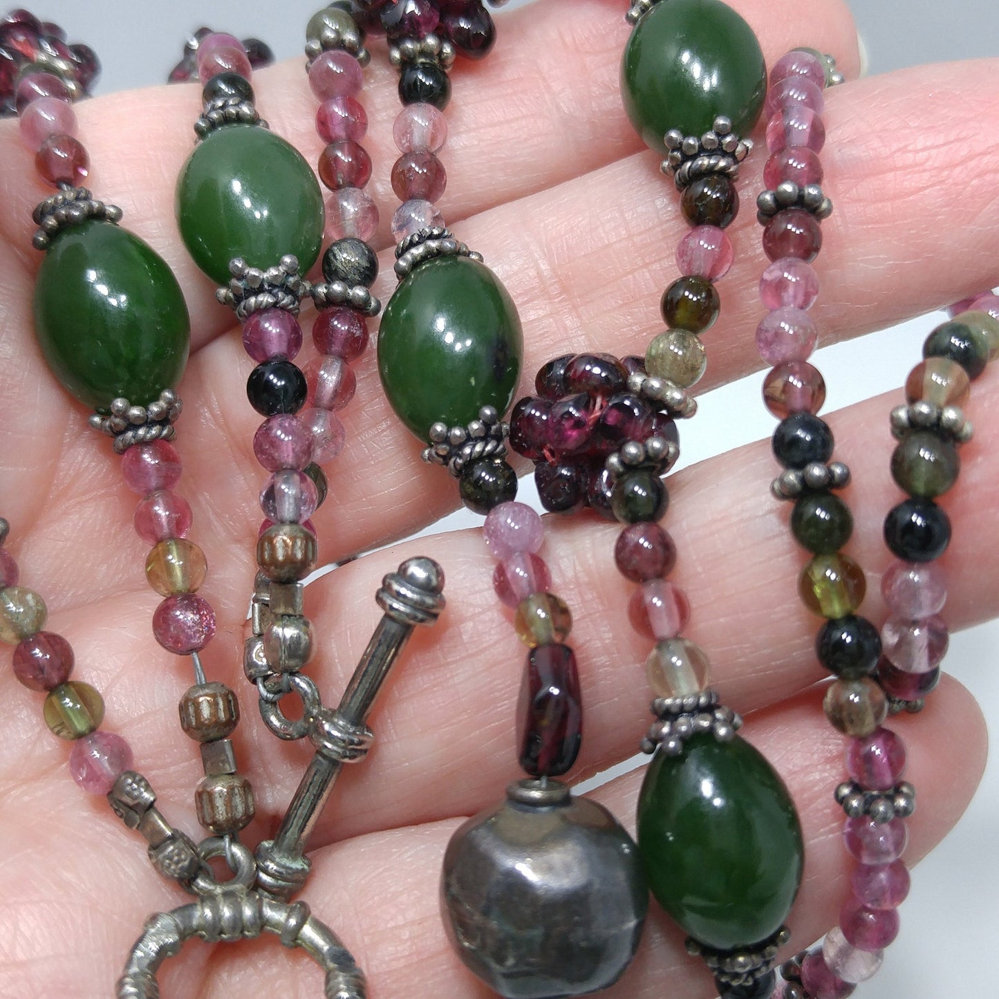 Vintage Gemstone Beaded Necklace, Garnet Clusters, Two Strands, 1990s Vintage Jewelry