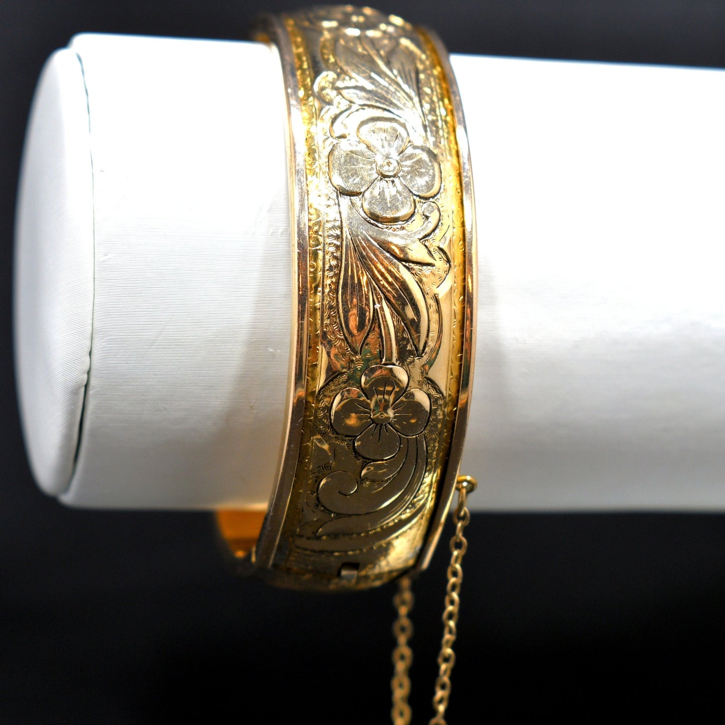 S O Bigney Gold Filled Floral Hinged Bracelet, Safety Chain, 1930s Vintage Jewelry