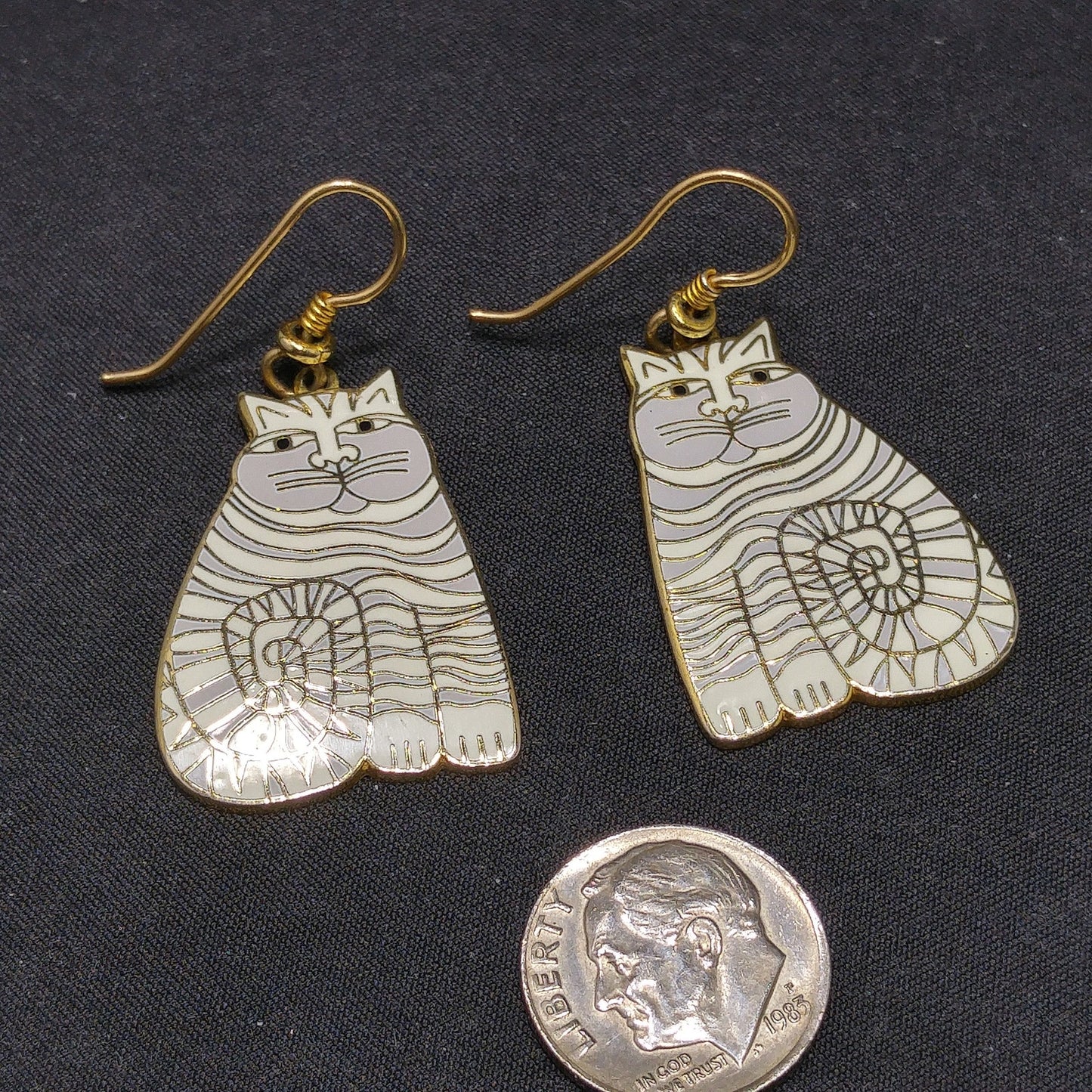 Laurel Burch Shambala Cat Earrings, White Gray Enamel, Gold Plated, 1980s Vintage Jewelry