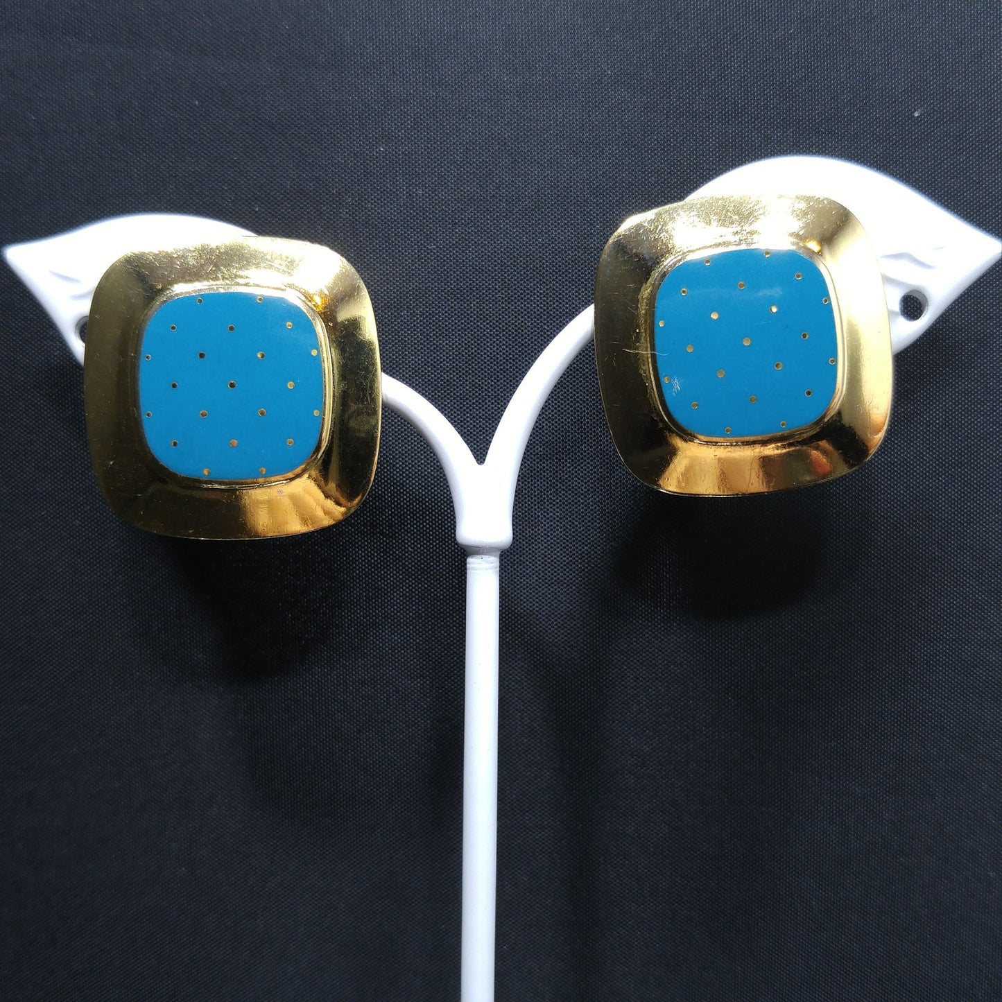 Vintage Laurel Burch "Mastriano" Clip Earrings, Teal Blue Enamel, Gold Plated