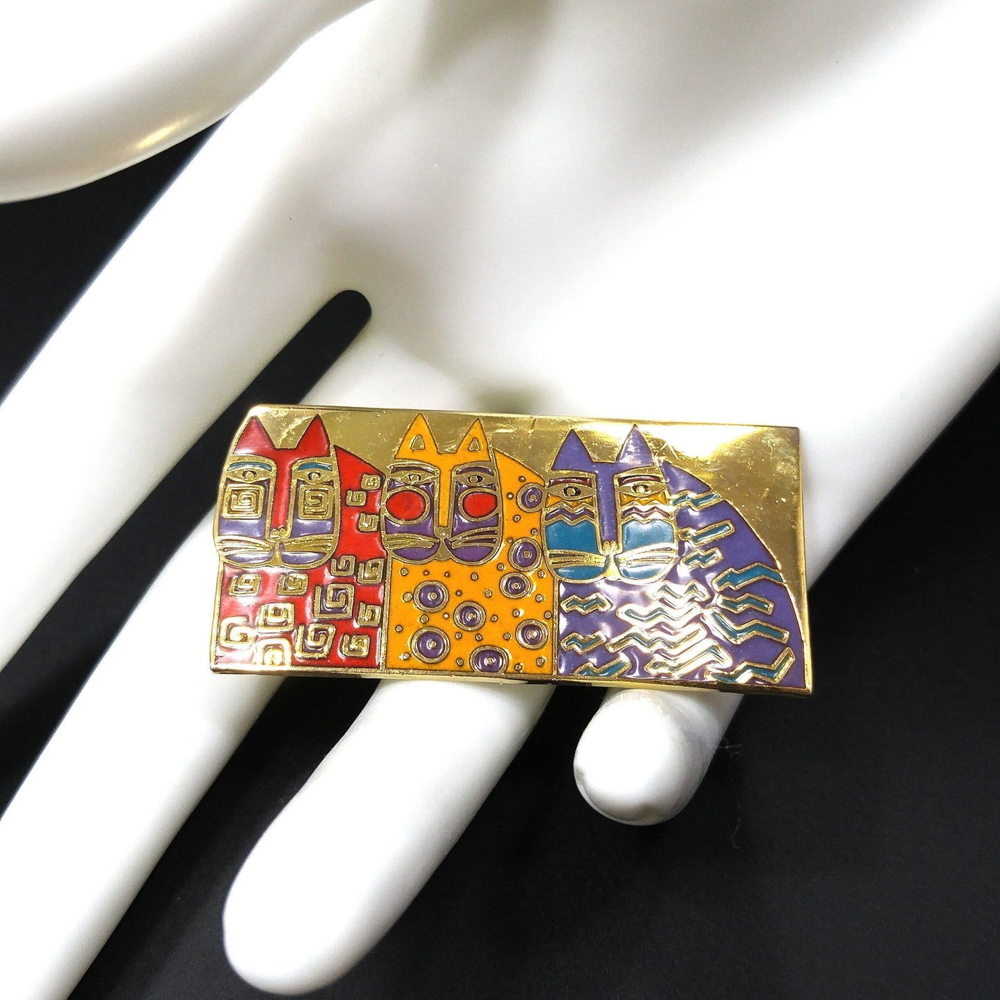 Laurel Burch "Wild Cats" Cloisonné Brooch, Three Cats Pin, 1980s Vintage Jewelry