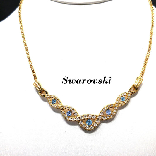 Vintage Swarovski Choker Necklace – Light Blue & Clear Crystals, Gold Plated, 1990s