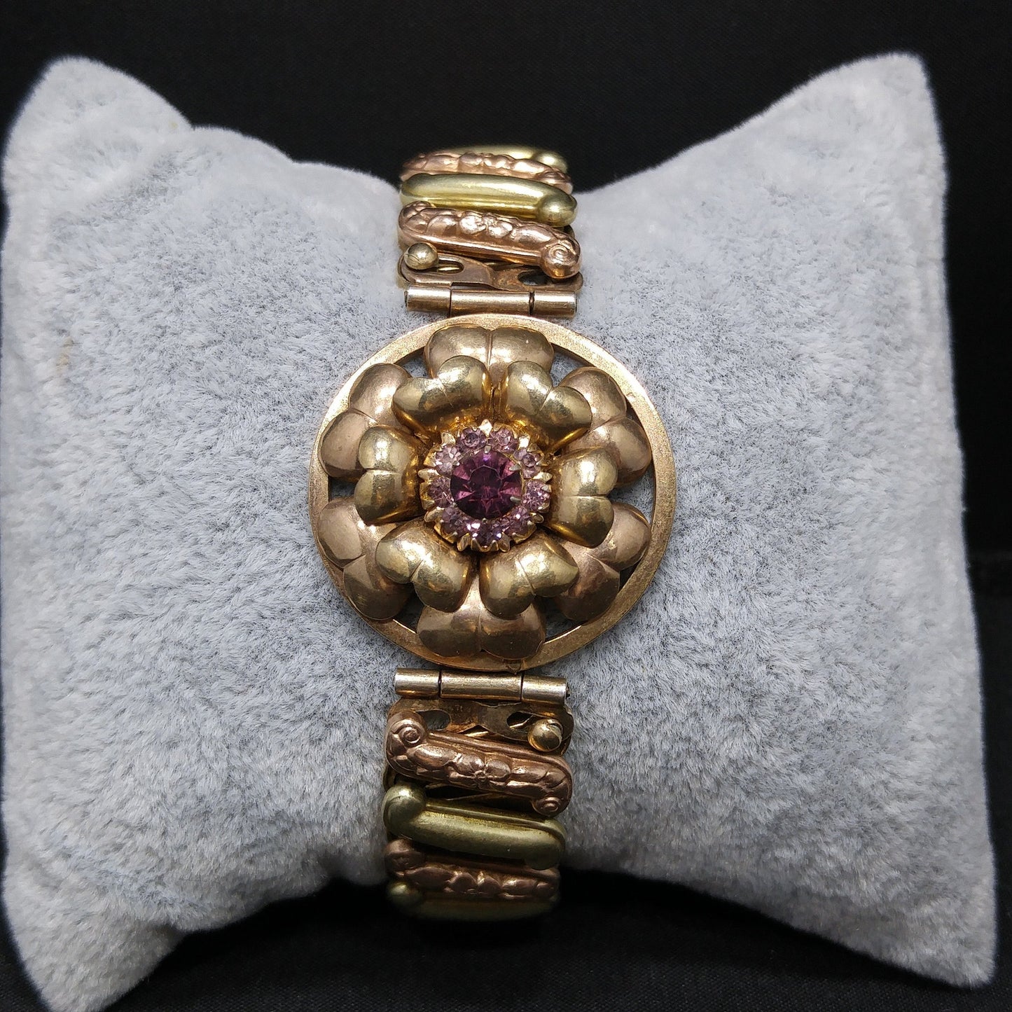 Antique Lustern Expansion Sweetheart Bracelet, 12KGF Sterling, Purple Rhinestones, 1920s Vintage Jewelry