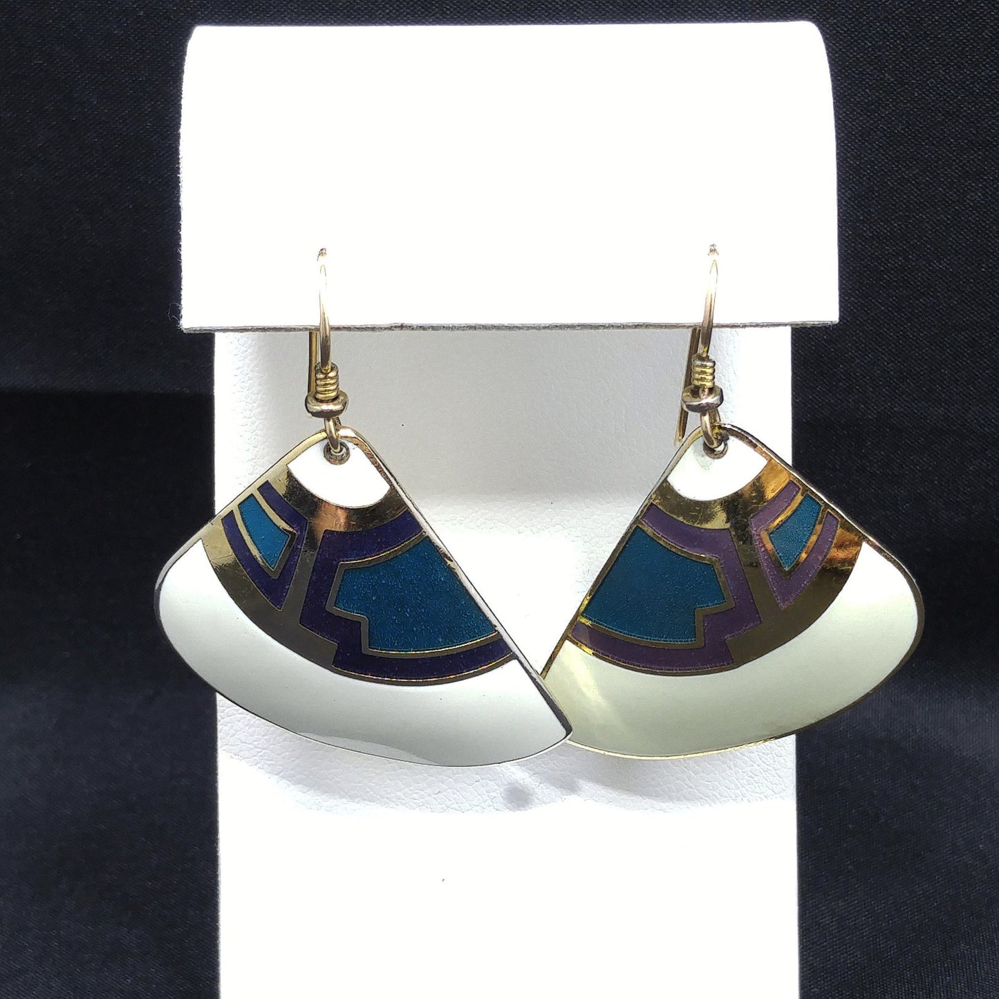 Laurel Burch White Purple Blue Enamel Fan Earrings, Gold Plated Cloisonne, 1980s Vintage Jewelry