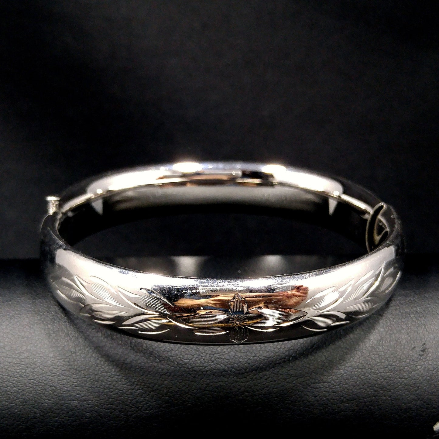 Sterling Silver H.F.B. Hinged Bracelet, Floral Design, 1940s Vintage Jewelry