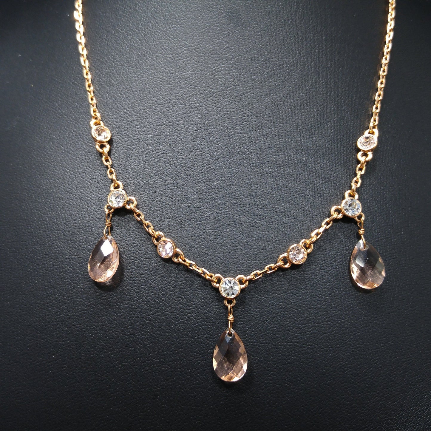 Givenchy Rose Gold Crystal Necklace – Three Drop Clear Rhinestones – Vintage Jewelry