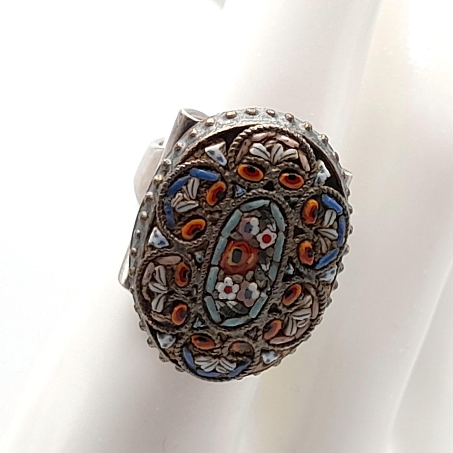 Vintage Micro Mosaic Poison Ring, Stamped Mexico, US Size 7 Adjustable