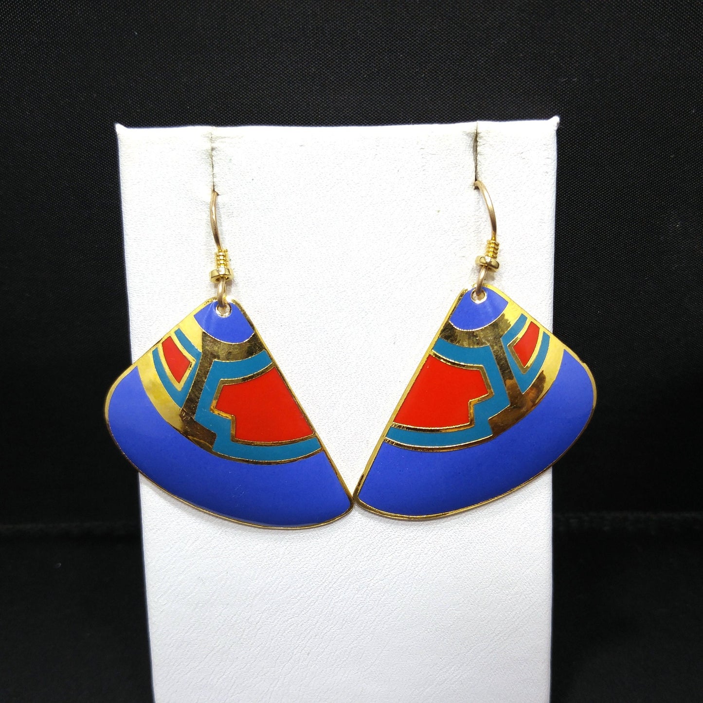 Vintage Laurel Burch Fan Earrings, Blue Red Teal Enamel, Gold Plated
