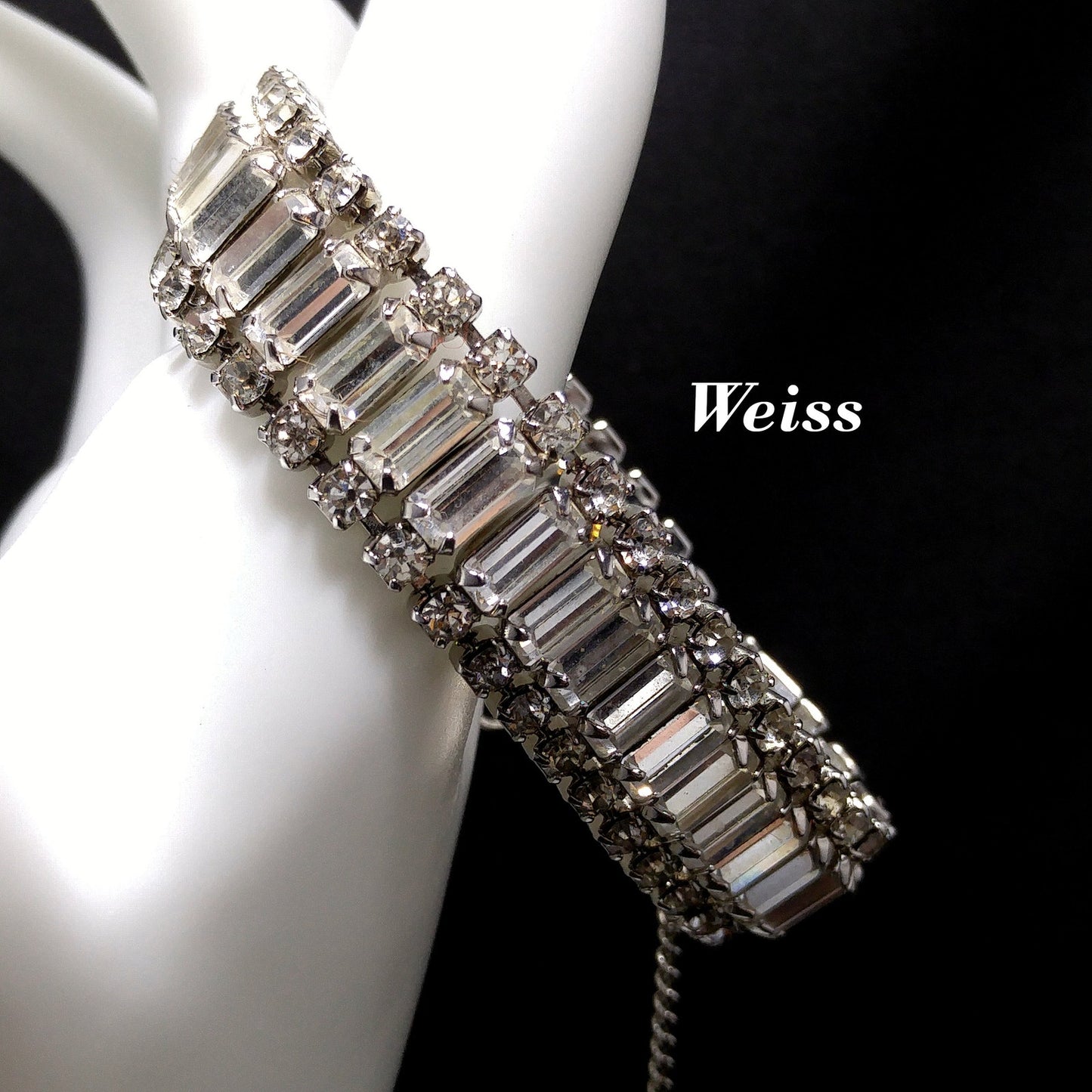 Vintage Weiss Clear Rhinestone Bracelet, Rhodium Plate, Safety Chain, 1950s