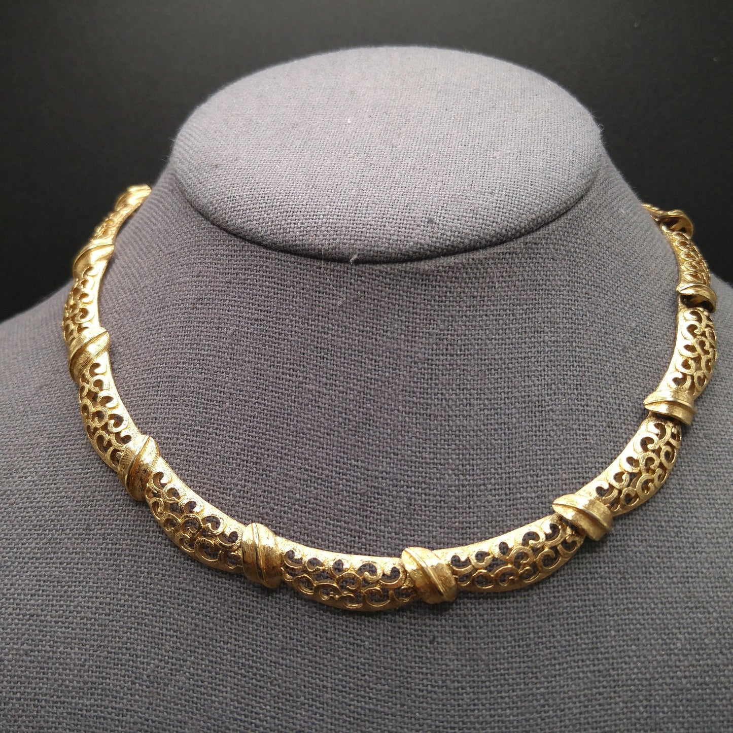 Monet Lacy Link Choker Necklace, Gold Plated, 1960s Vintage Jewelry