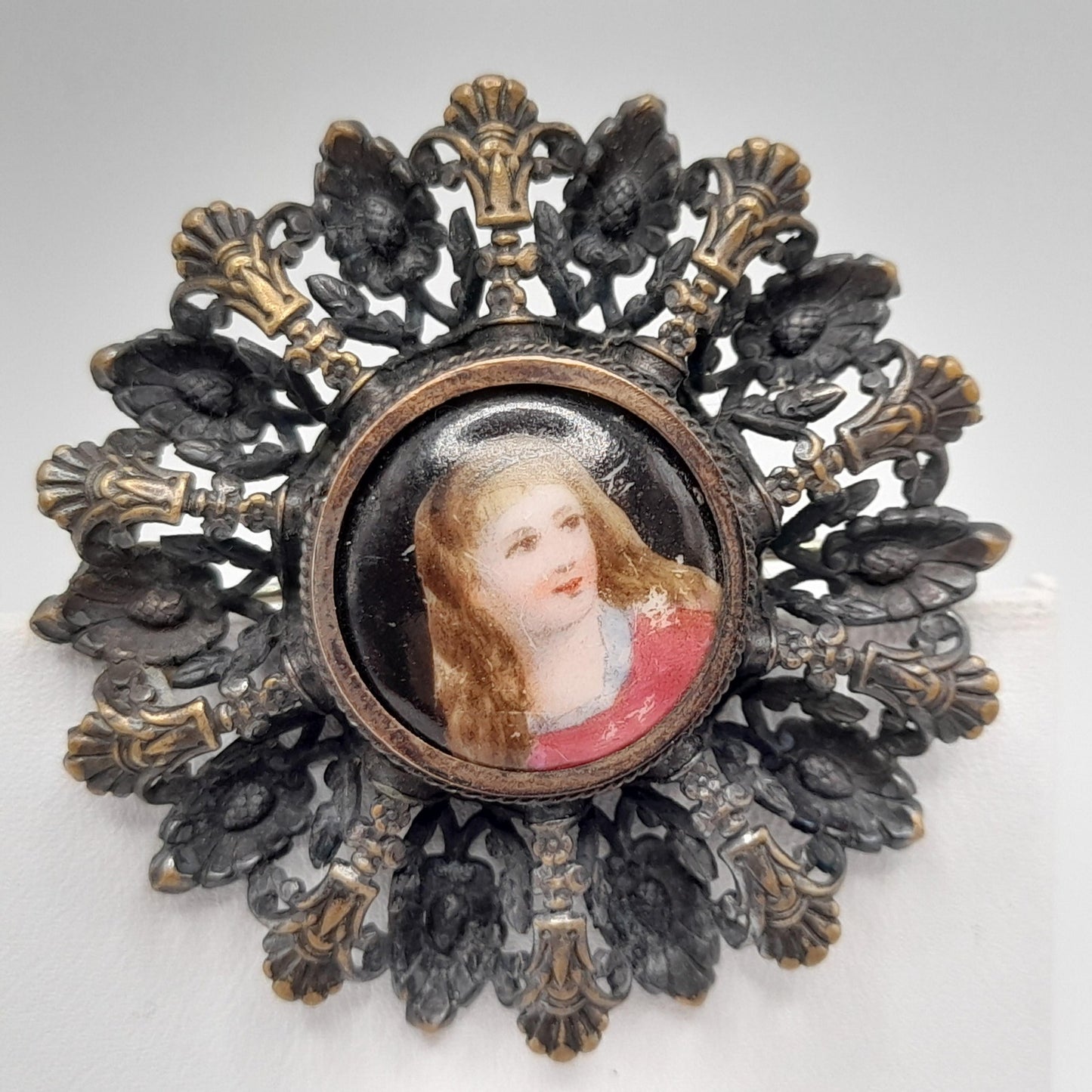 Antique Edwardian Portrait Brooch, C Clasp, Brass Filigree, Early 1900s