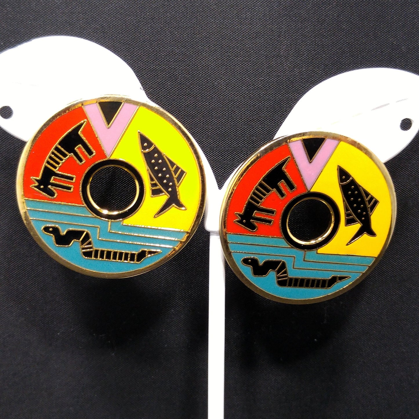 Laurel Burch "Artifact" Post Earrings, Fish Snake Dog Enamel Cloisonne, 1980s Vintage Jewelry