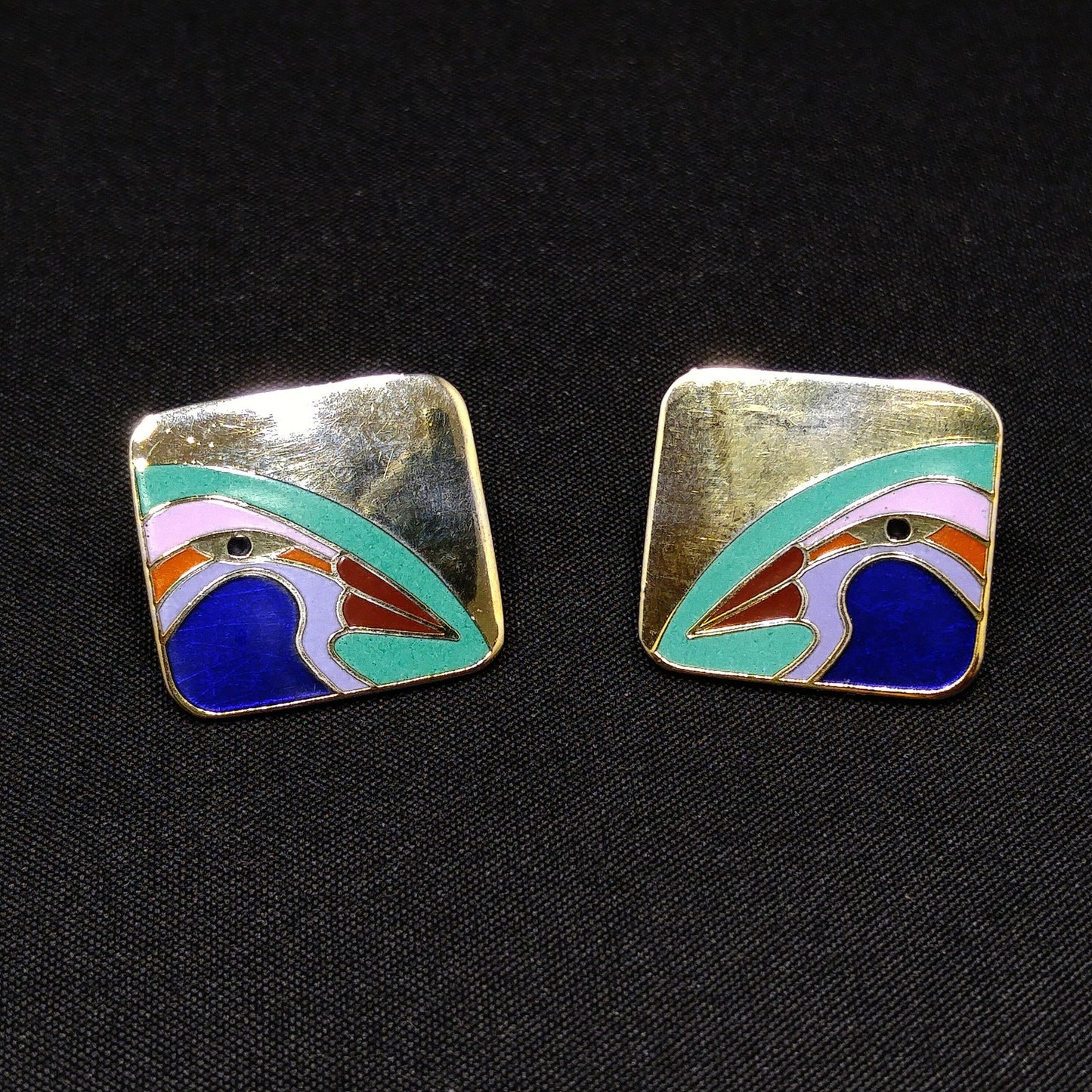 Laurel Burch Bird Post Earrings, Cloisonné Gold Plated, Enamel, 1980s Vintage