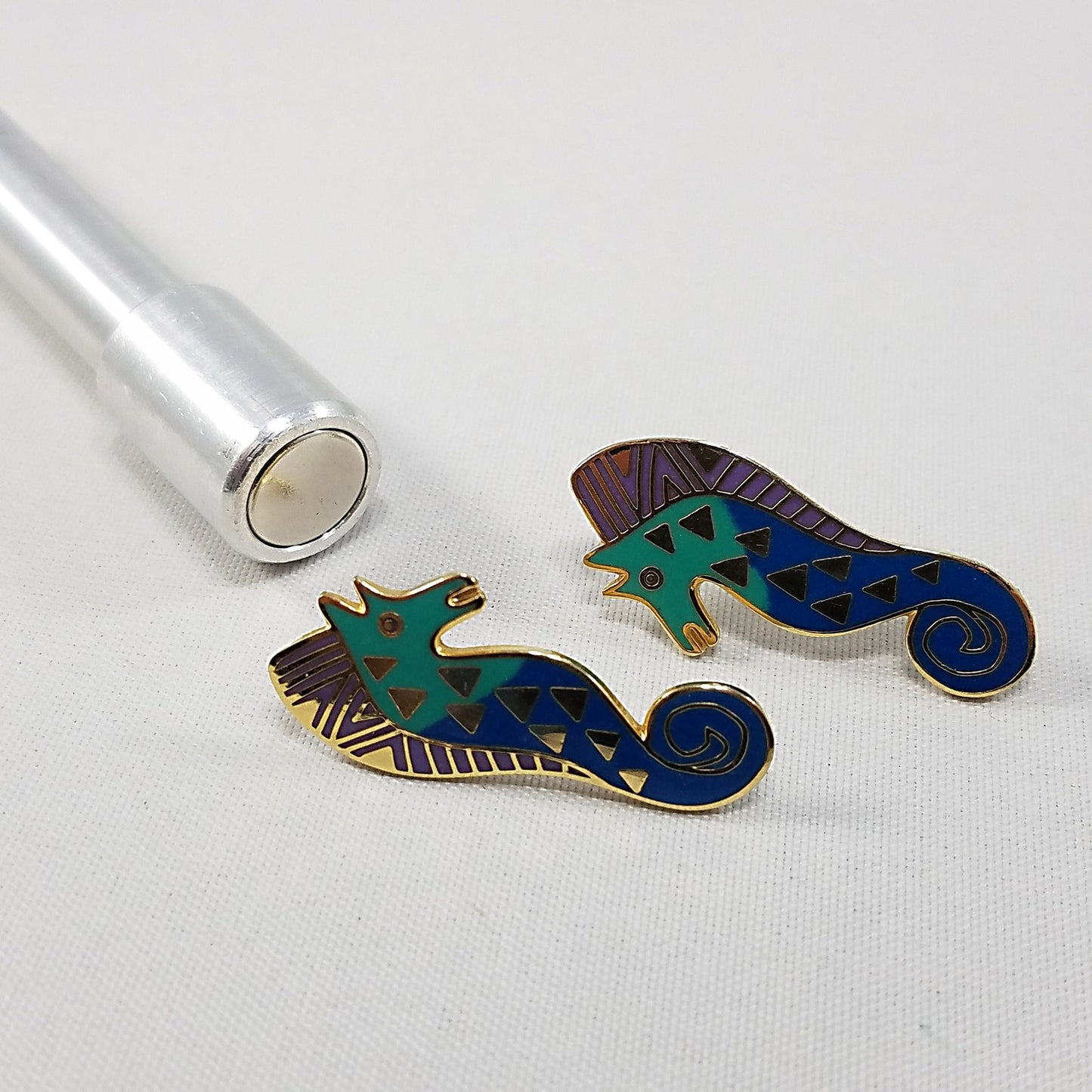 Vintage Laurel Burch "Sea Stallion" Post Earrings Teal Lavender & Gold SEA HORSE