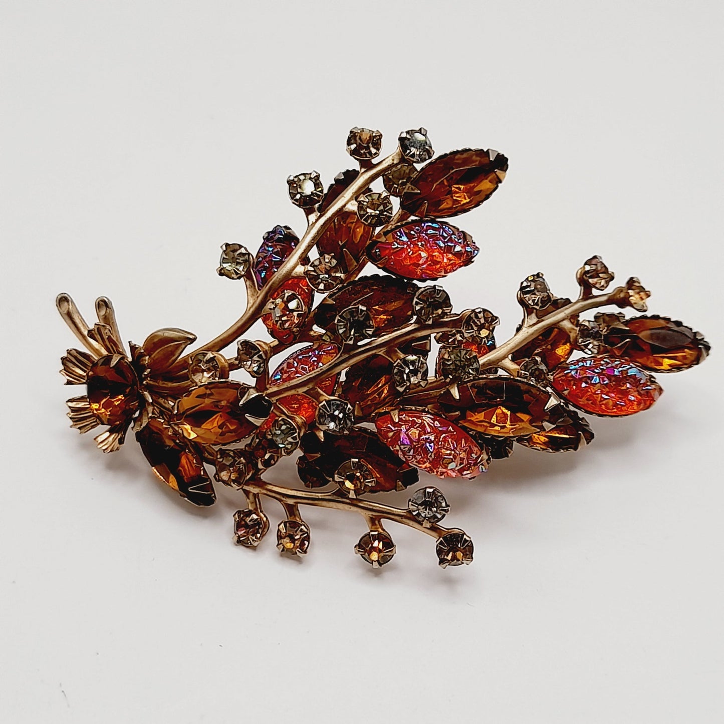 Vintage Amber Orange Rhinestone Leaf Brooch, 3D Layered, 1950s