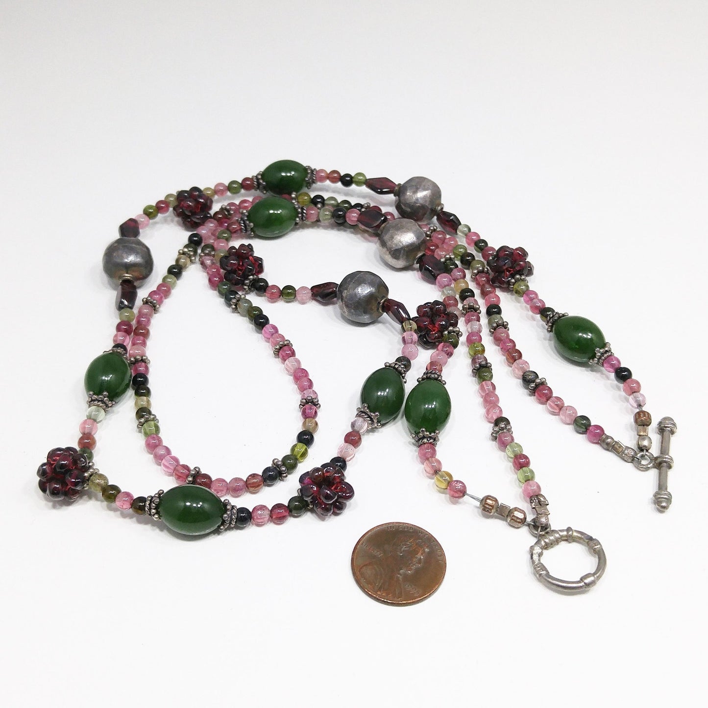 Vintage Gemstone Beaded Necklace, Garnet Clusters, Two Strands, 1990s Vintage Jewelry