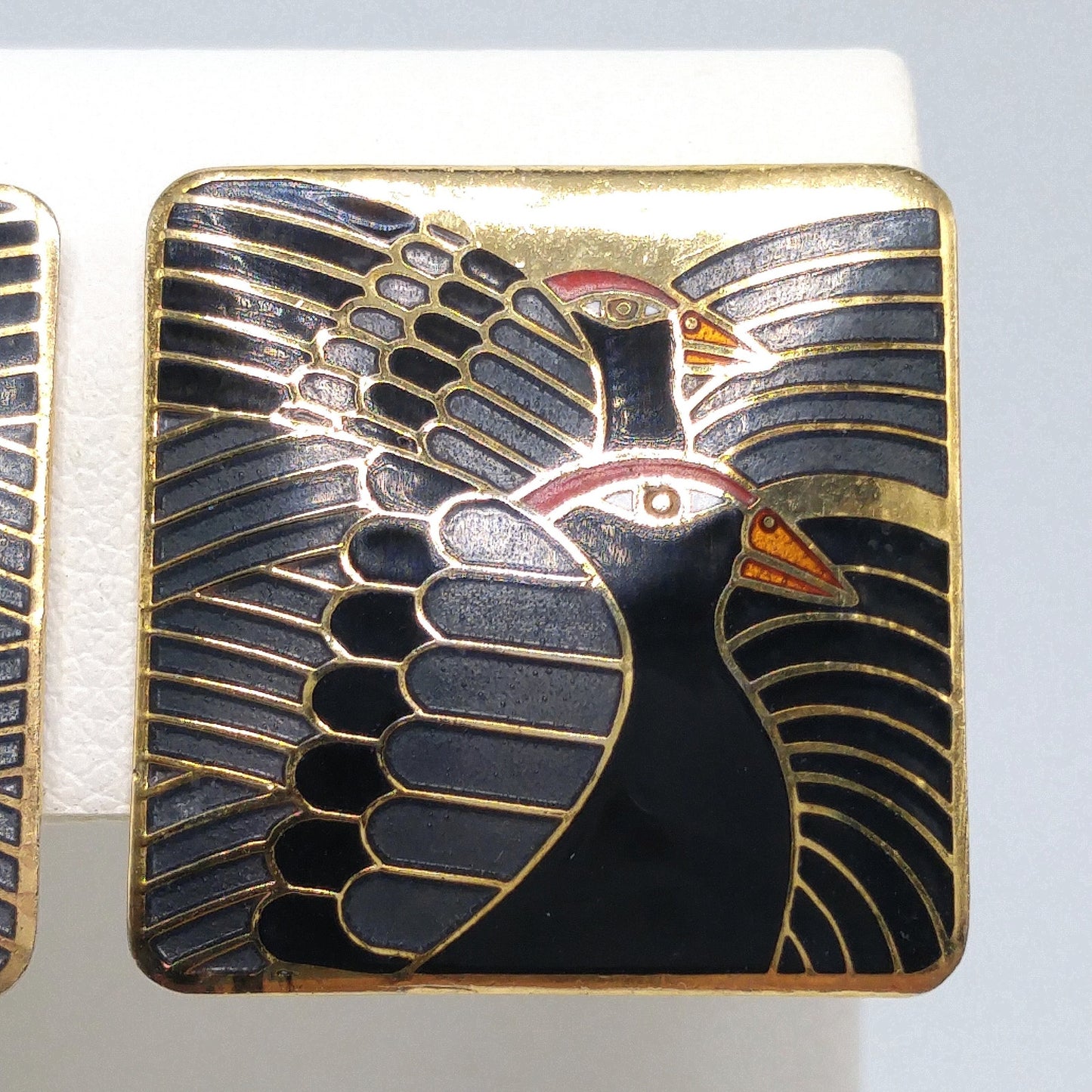 Vintage Laurel Burch "Moondoves" Clip Earrings, Black Birds, Gold Plated